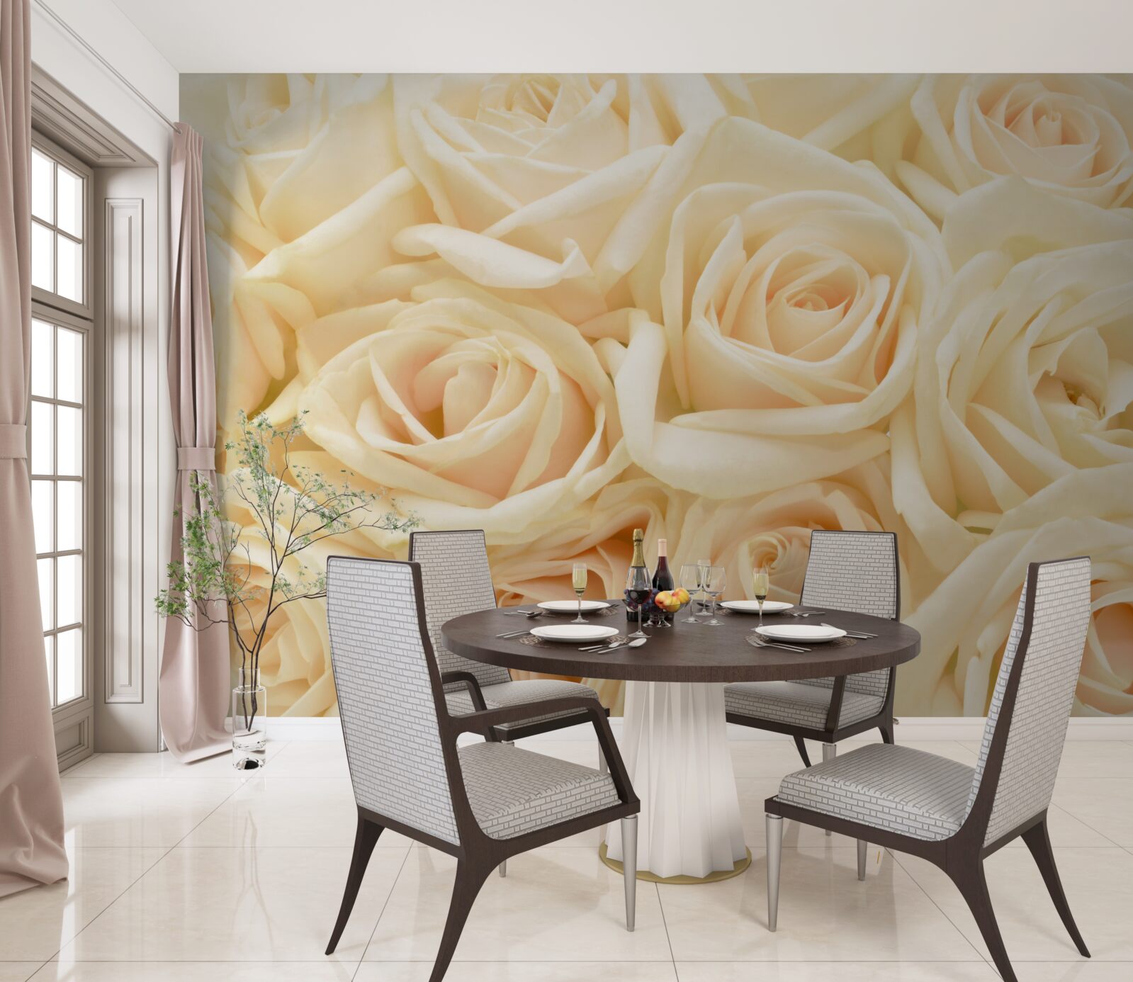 Papier peint bouquet de roses crème