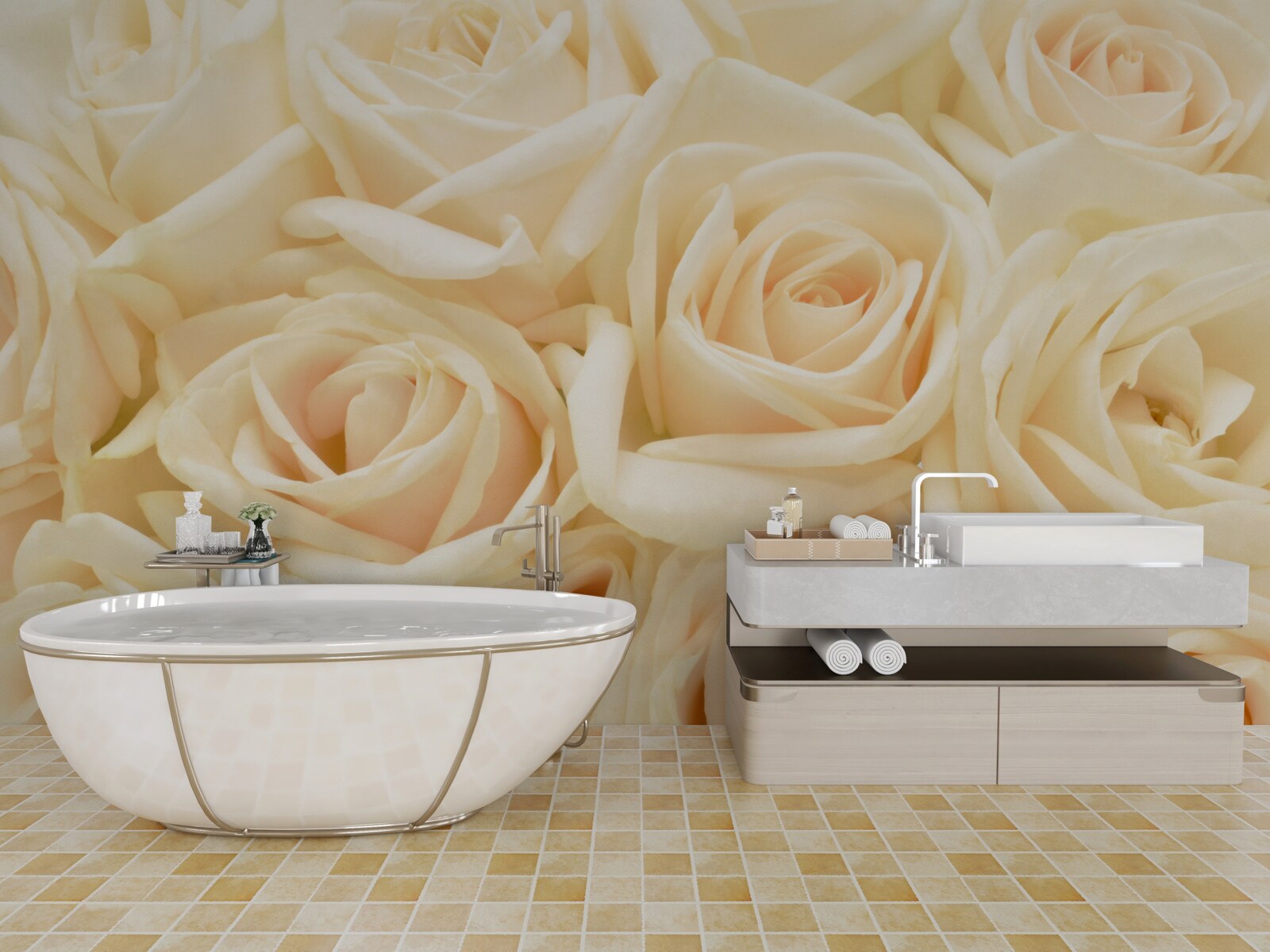 Papier peint bouquet de roses crème