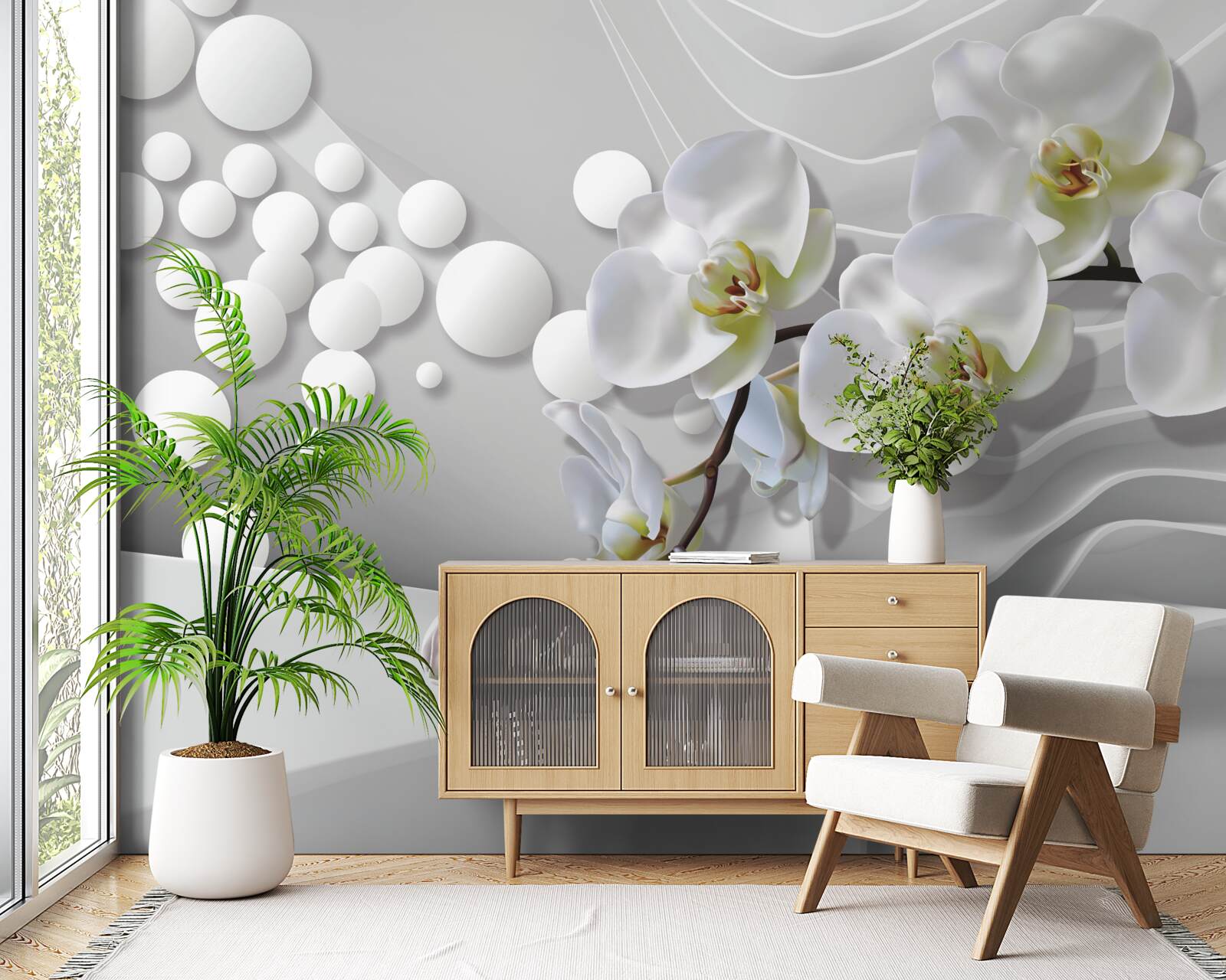 Papier peint orchidée avec branche blanche abstraite