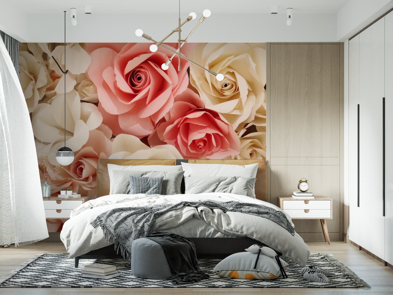 Papier peint un beau bouquet de roses dans les tons crème et rose