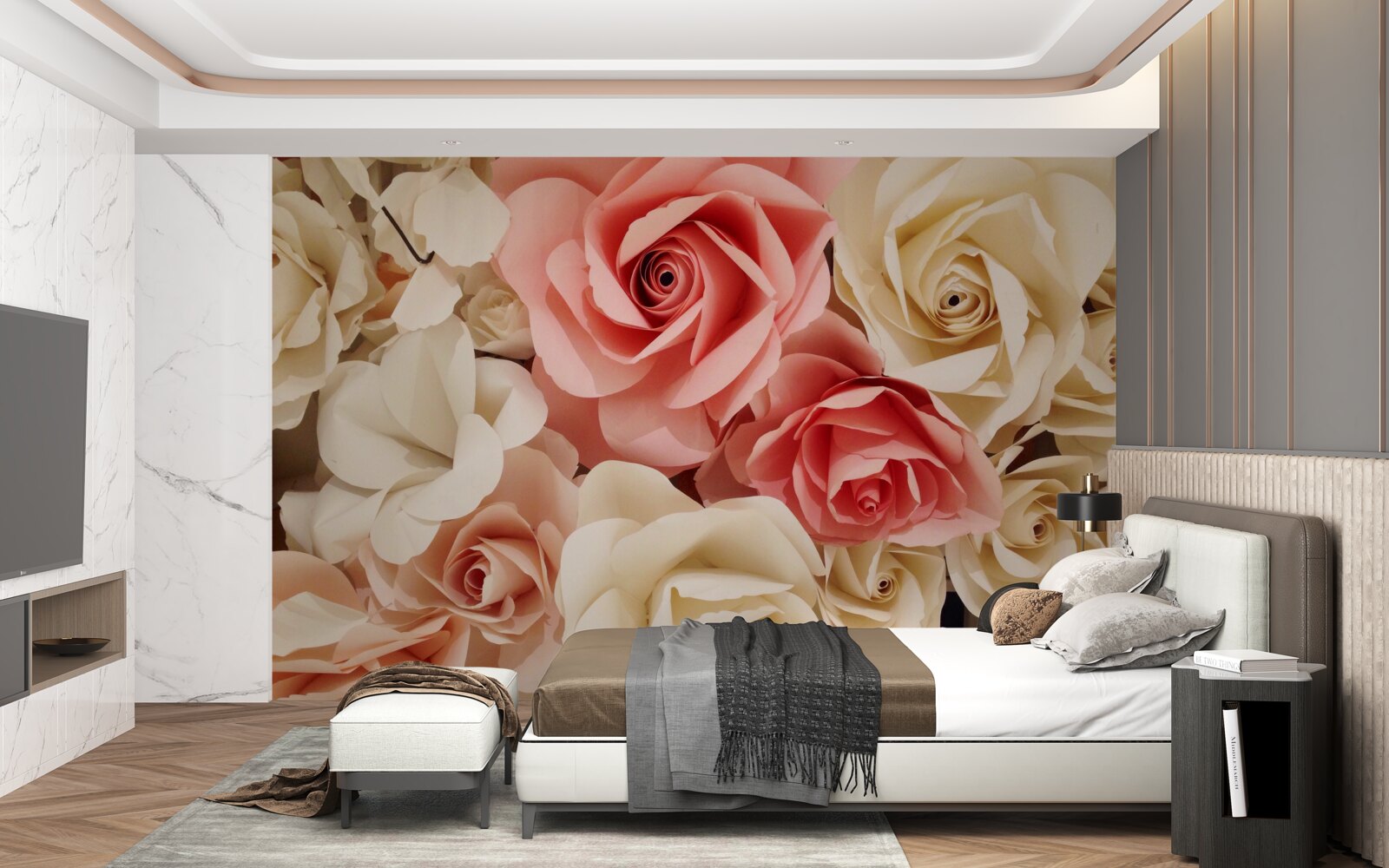 Papier peint un beau bouquet de roses dans les tons crème et rose