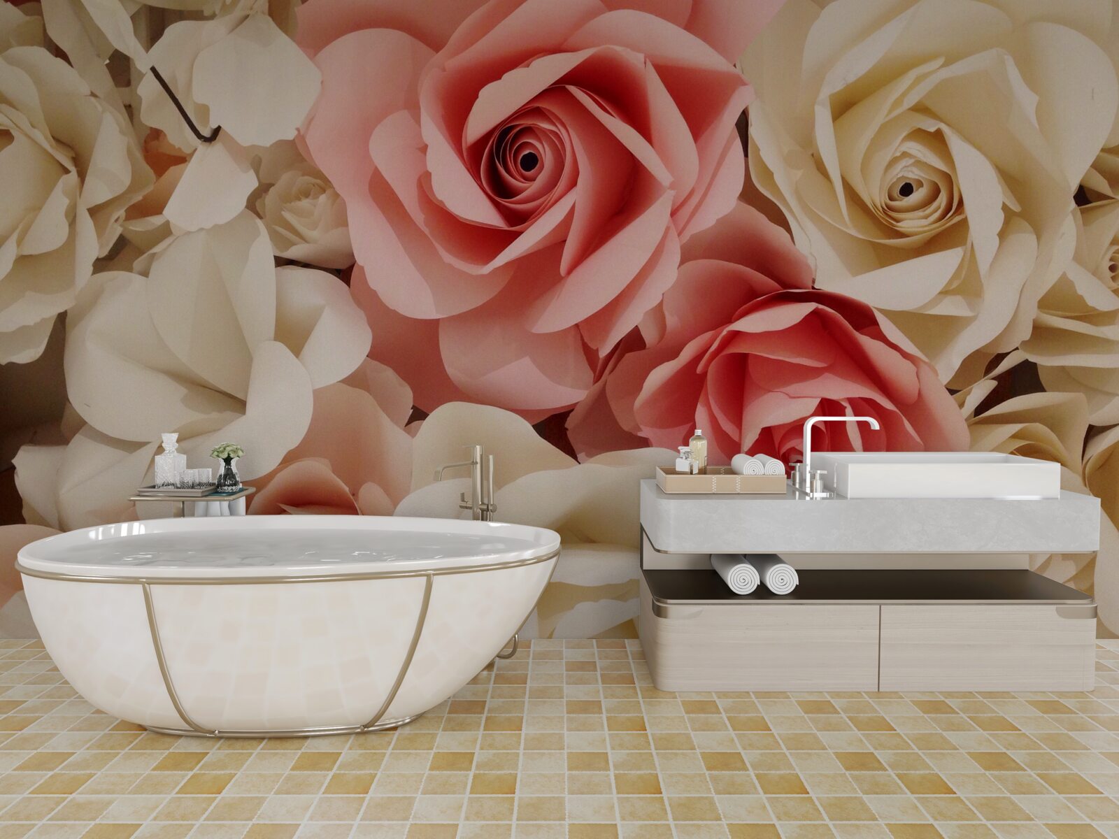 Papier peint un beau bouquet de roses dans les tons crème et rose