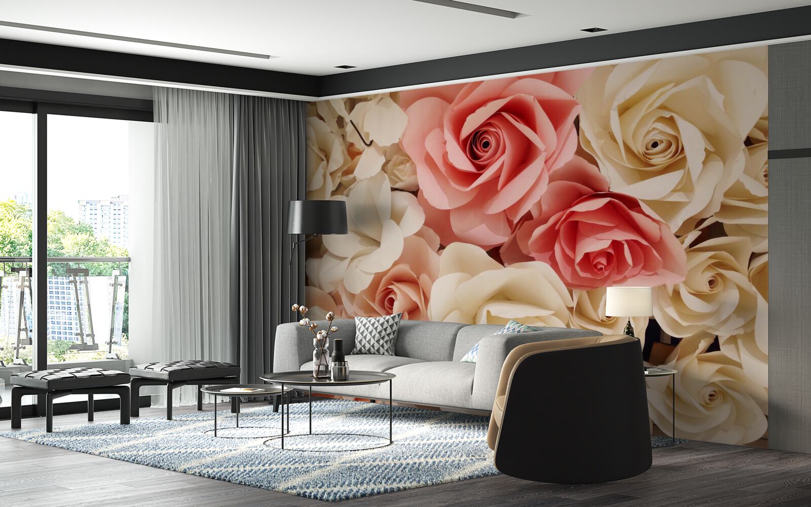 Papier peint un beau bouquet de roses dans les tons crème et rose