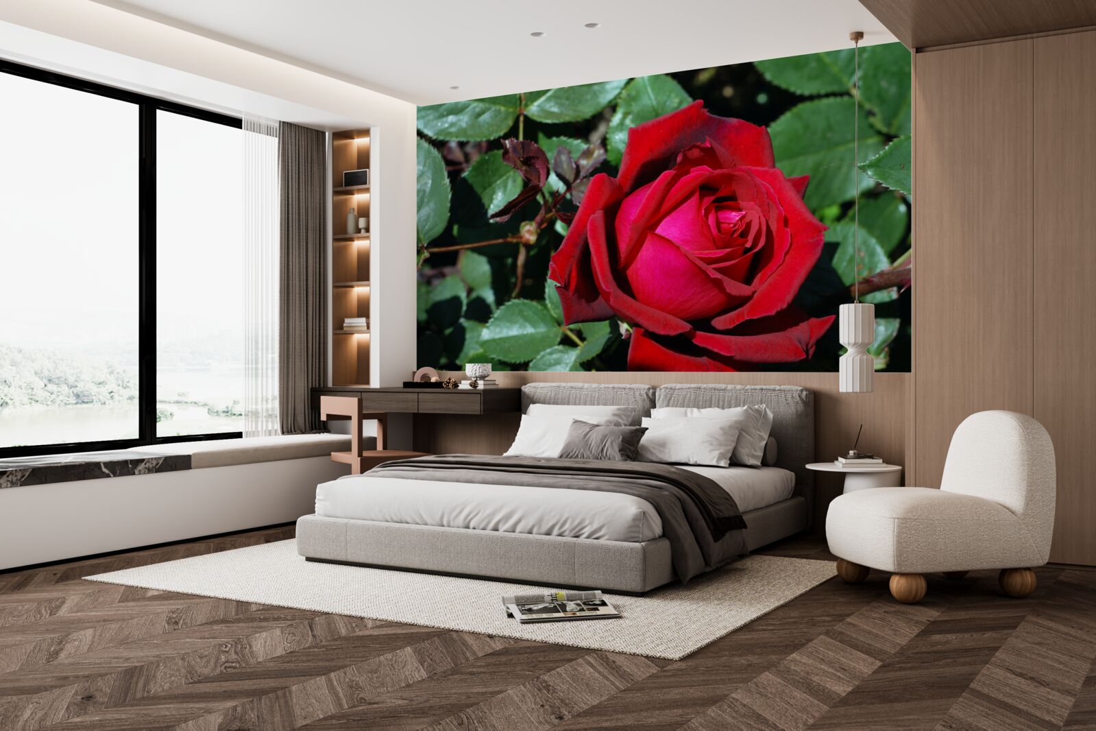 Papier peint une rose écarlate a fleuri dans le jardin