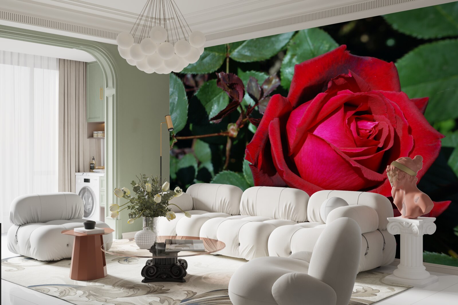 Papier peint une rose écarlate a fleuri dans le jardin