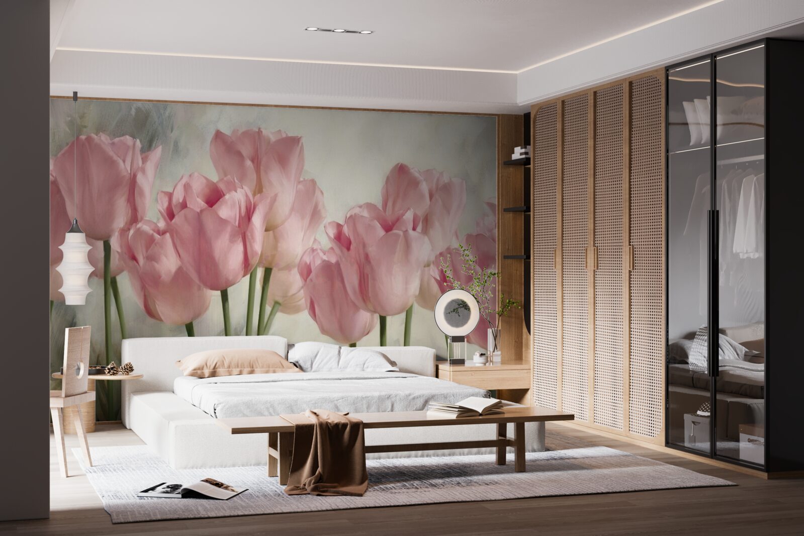 Papier peint tulipes roses délicates