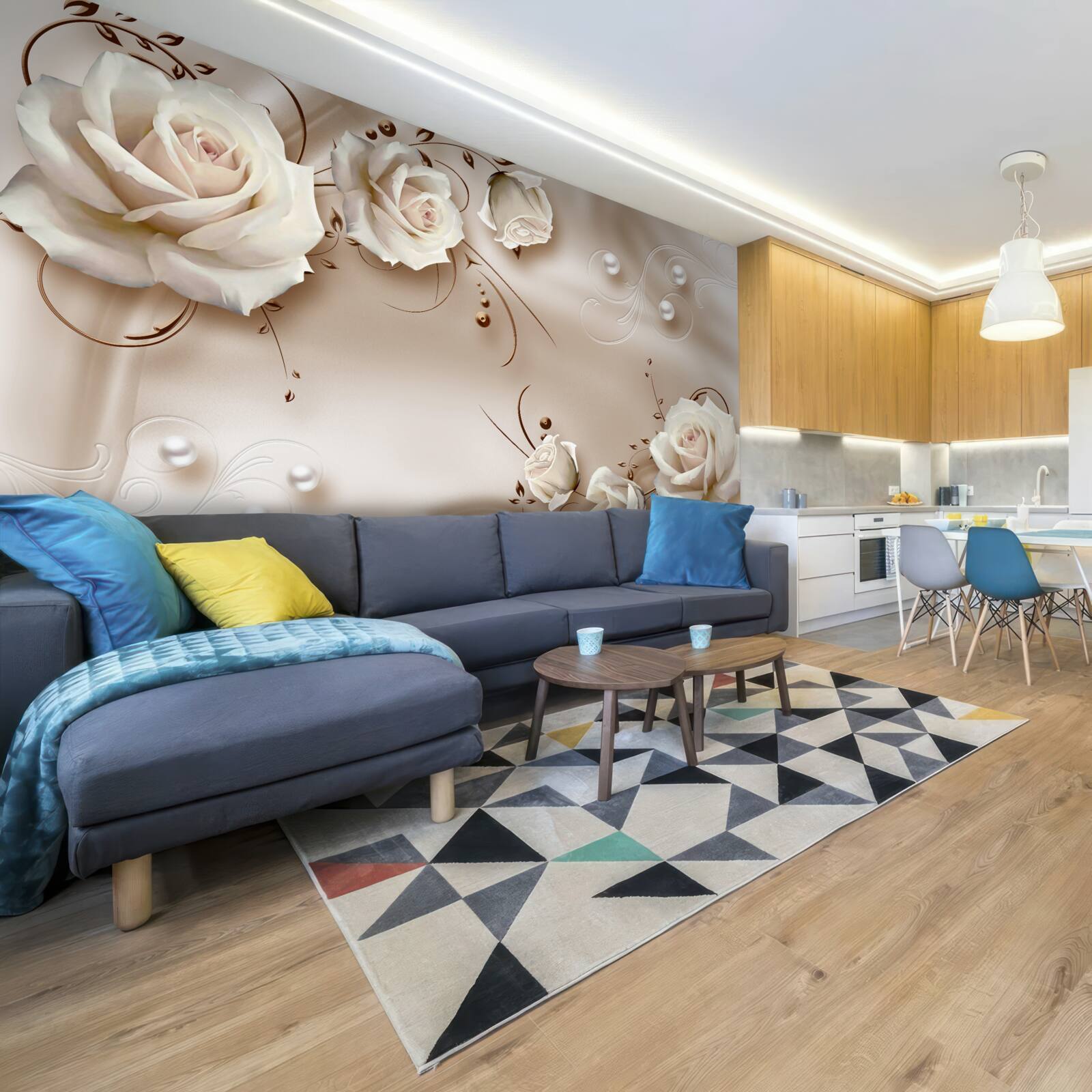 Papier peint perles et roses blanches