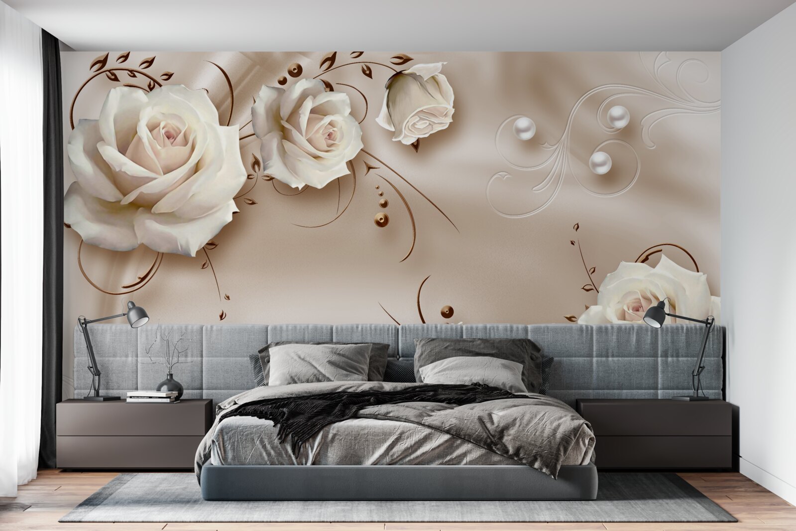 Papier peint perles et roses blanches