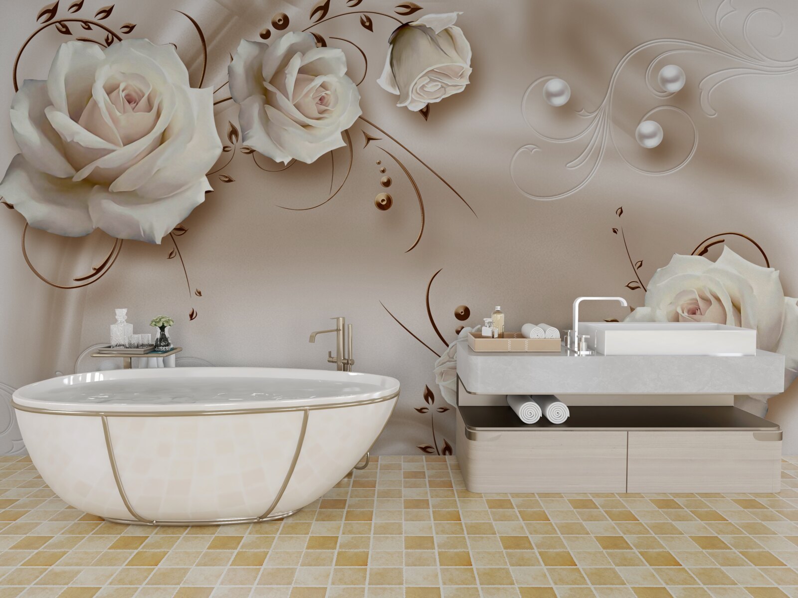 Papier peint perles et roses blanches