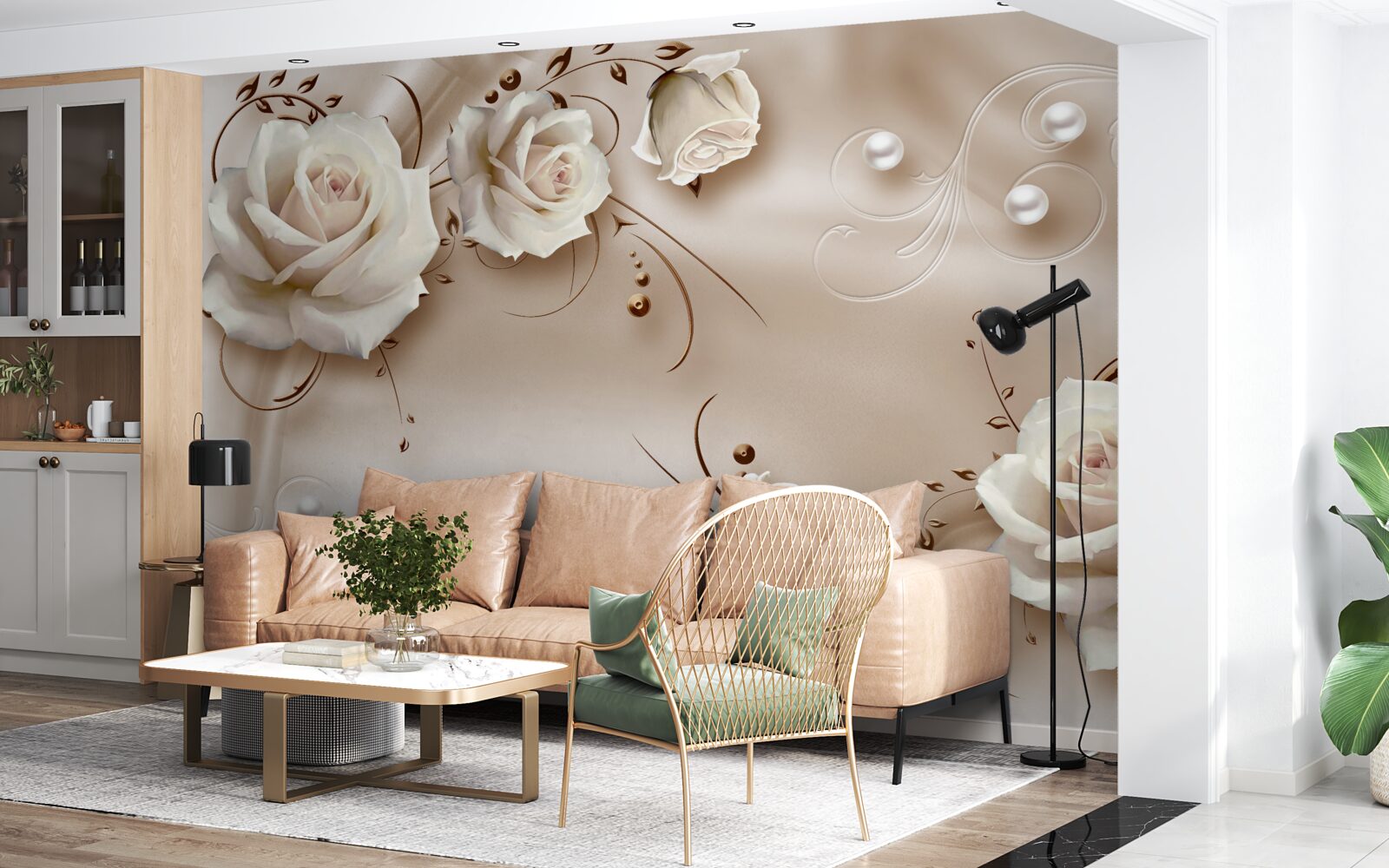 Papier peint perles et roses blanches