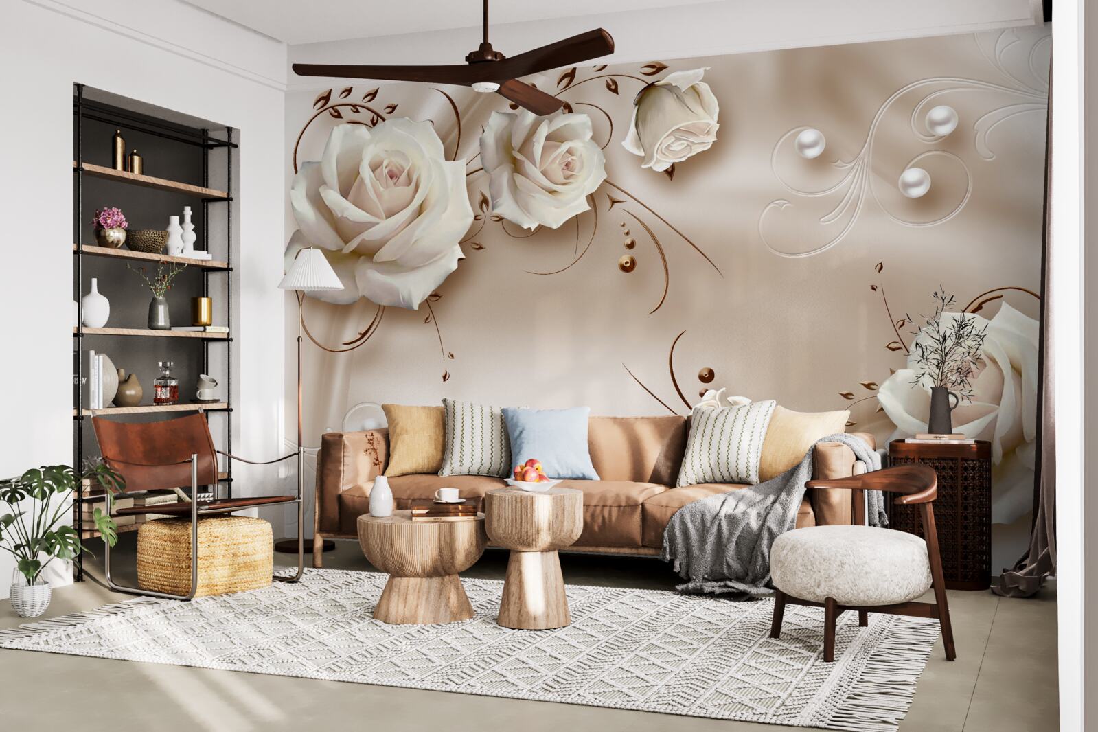 Papier peint perles et roses blanches