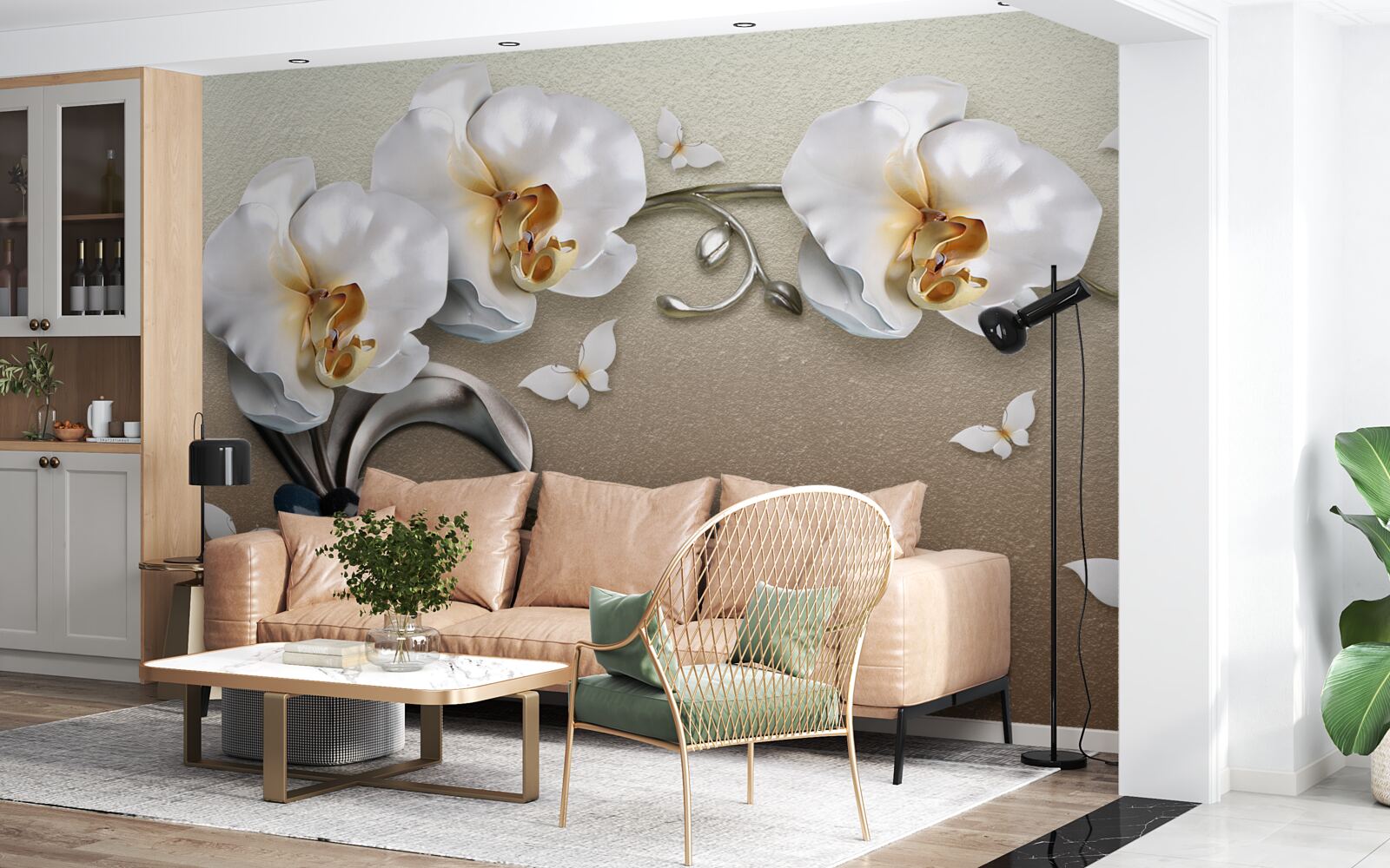 Papier peint des pierres, des fleurs blanches et des papillons