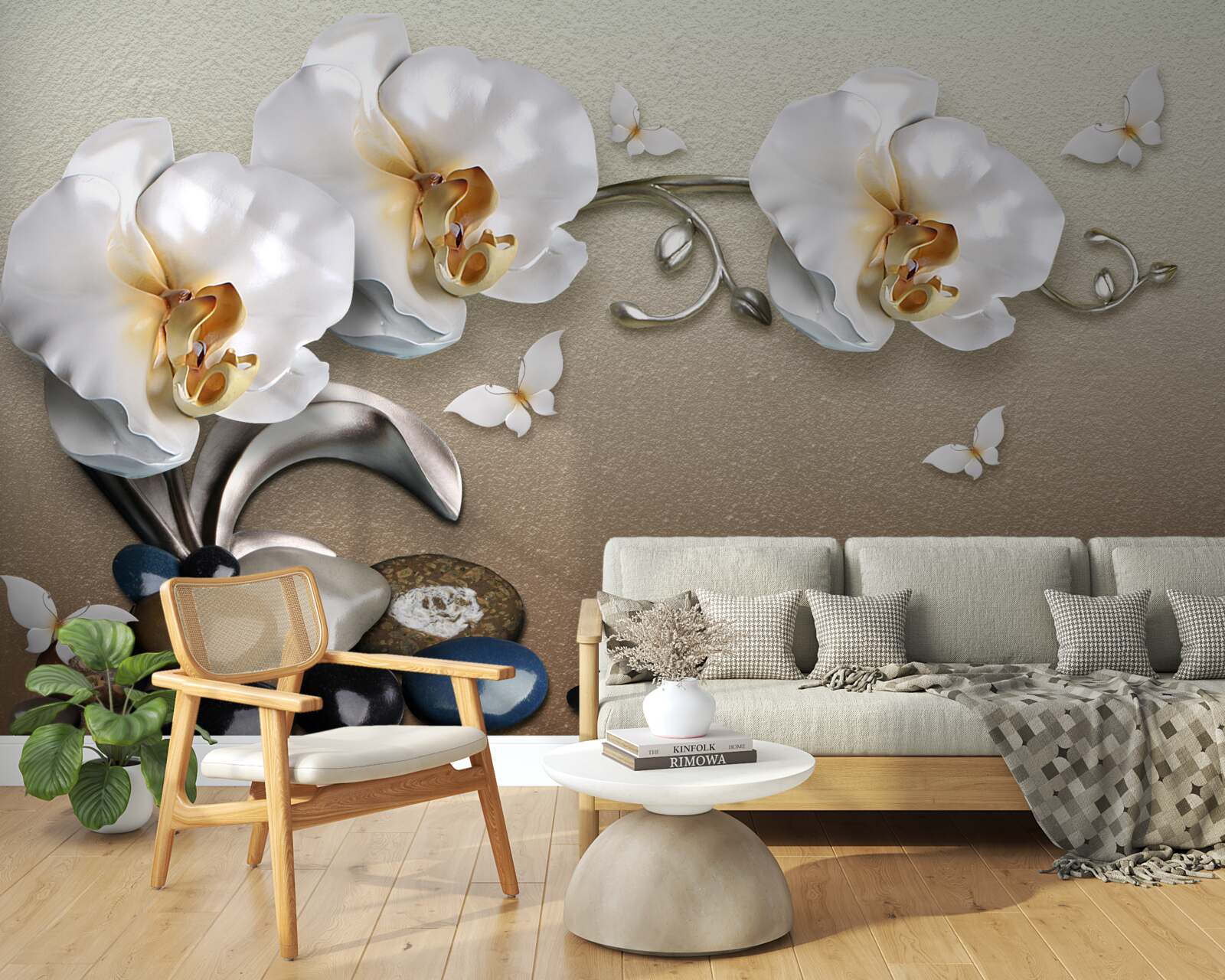 Papier peint des pierres, des fleurs blanches et des papillons