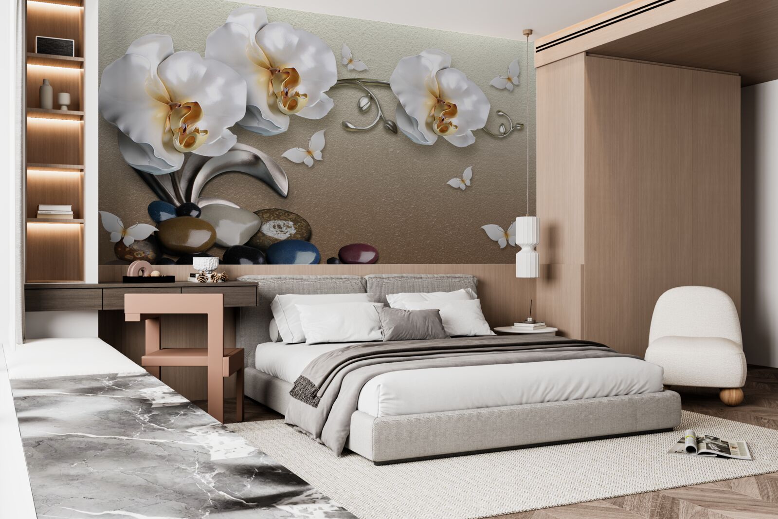 Papier peint des pierres, des fleurs blanches et des papillons