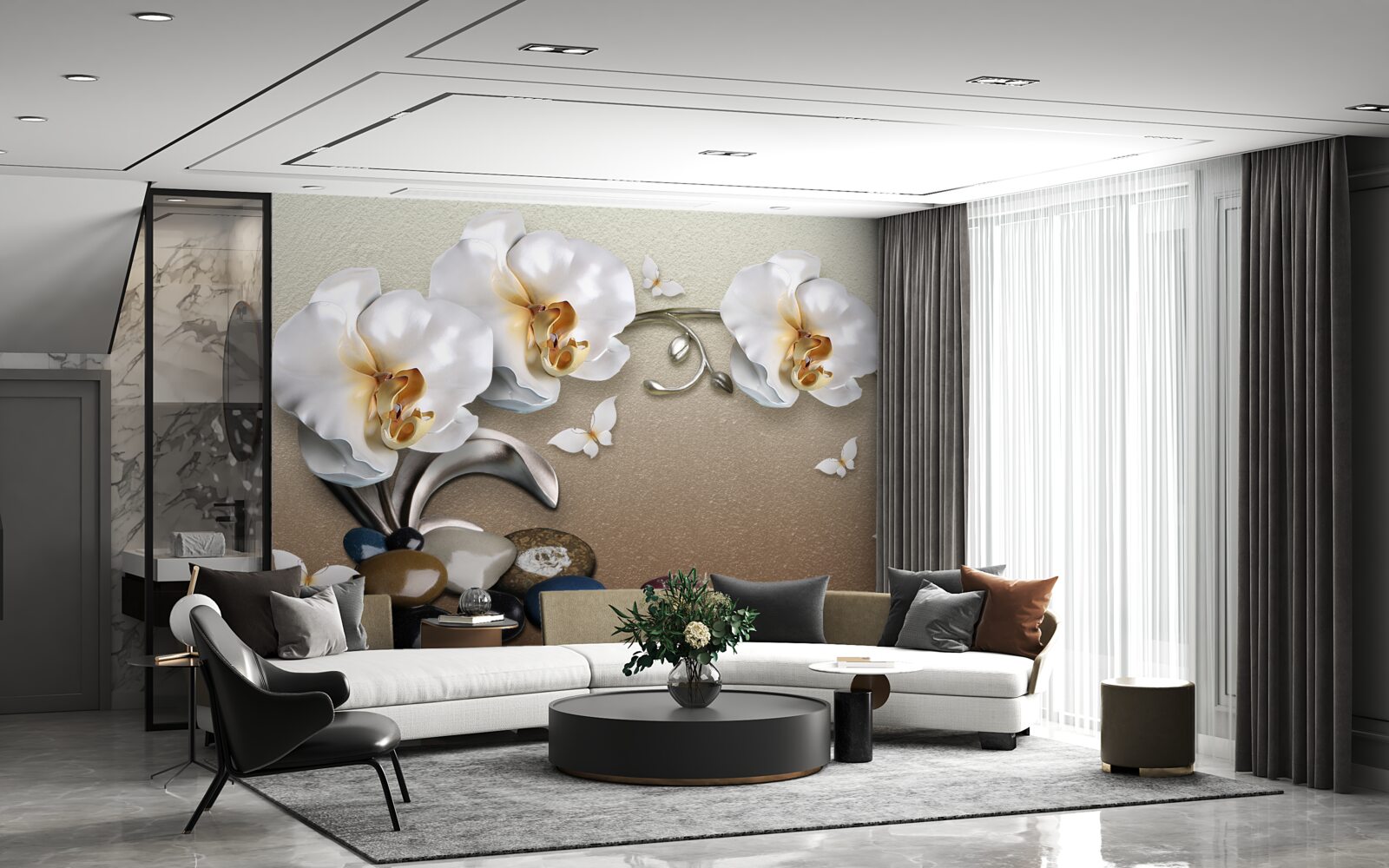 Papier peint des pierres, des fleurs blanches et des papillons