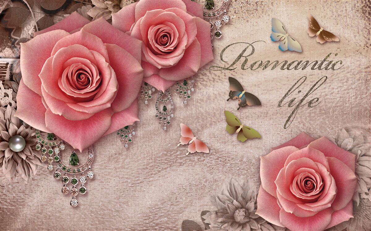 Papier peint insectes volants miniatures et grandes fleurs rose vif