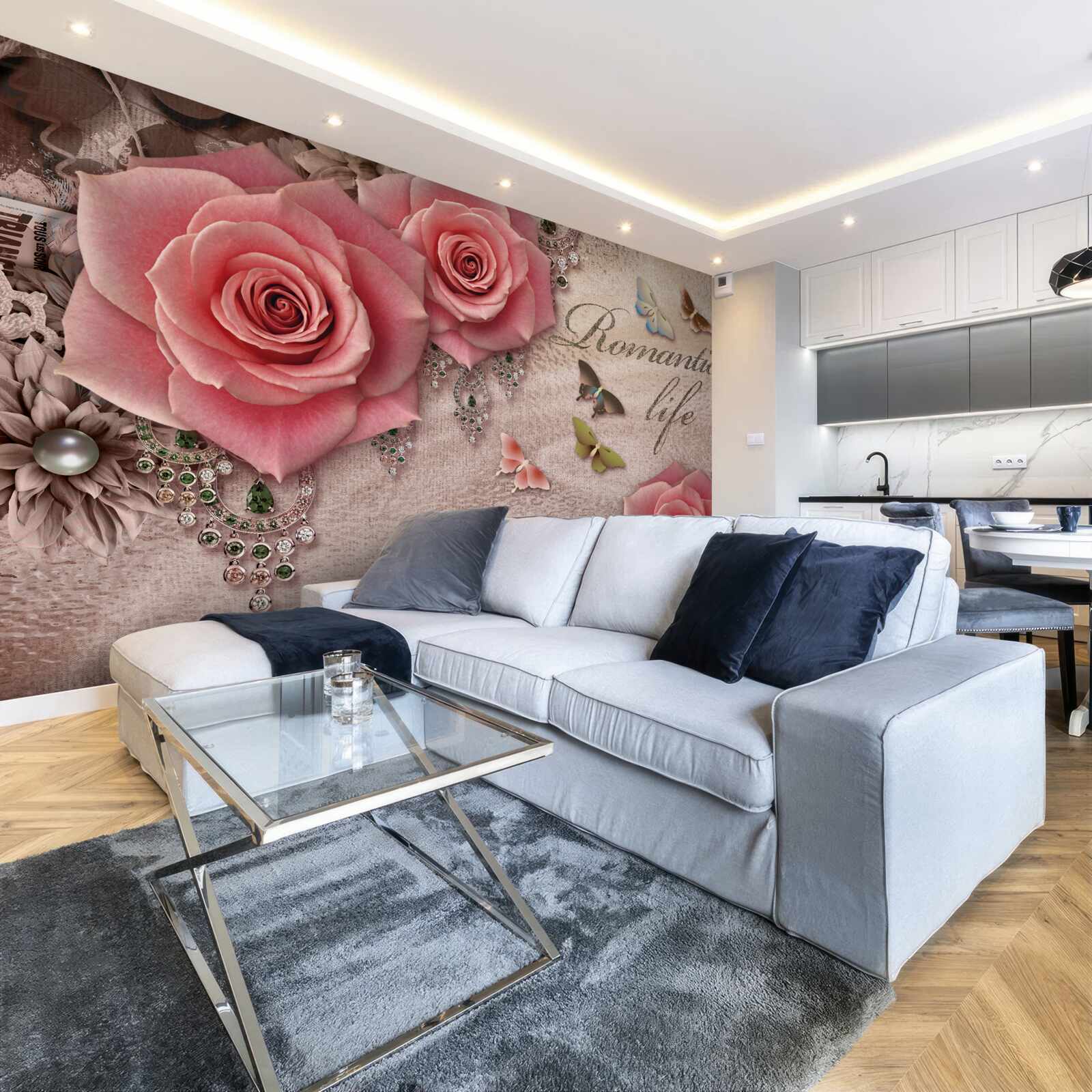 Papier peint insectes volants miniatures et grandes fleurs rose vif