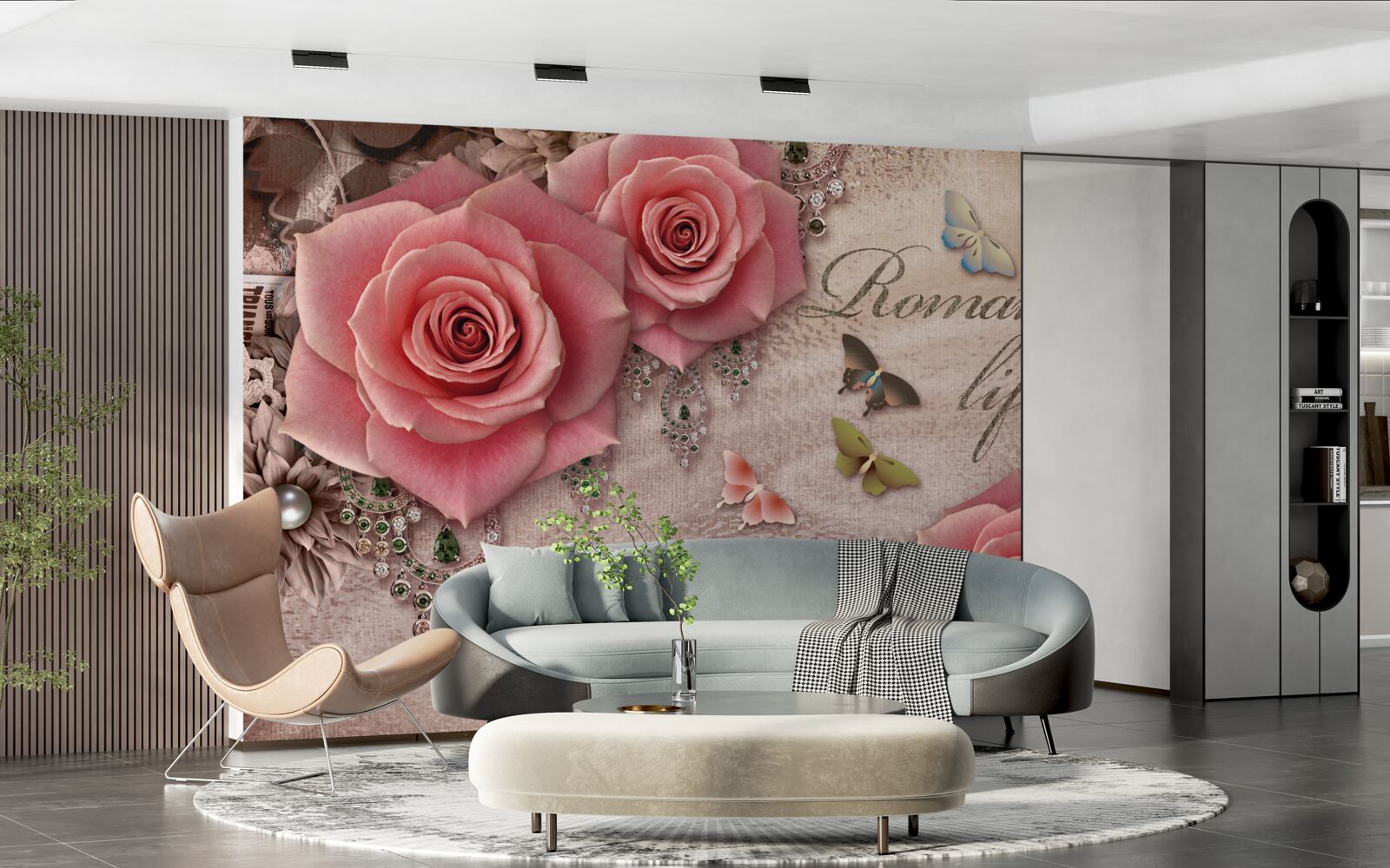 Papier peint insectes volants miniatures et grandes fleurs rose vif