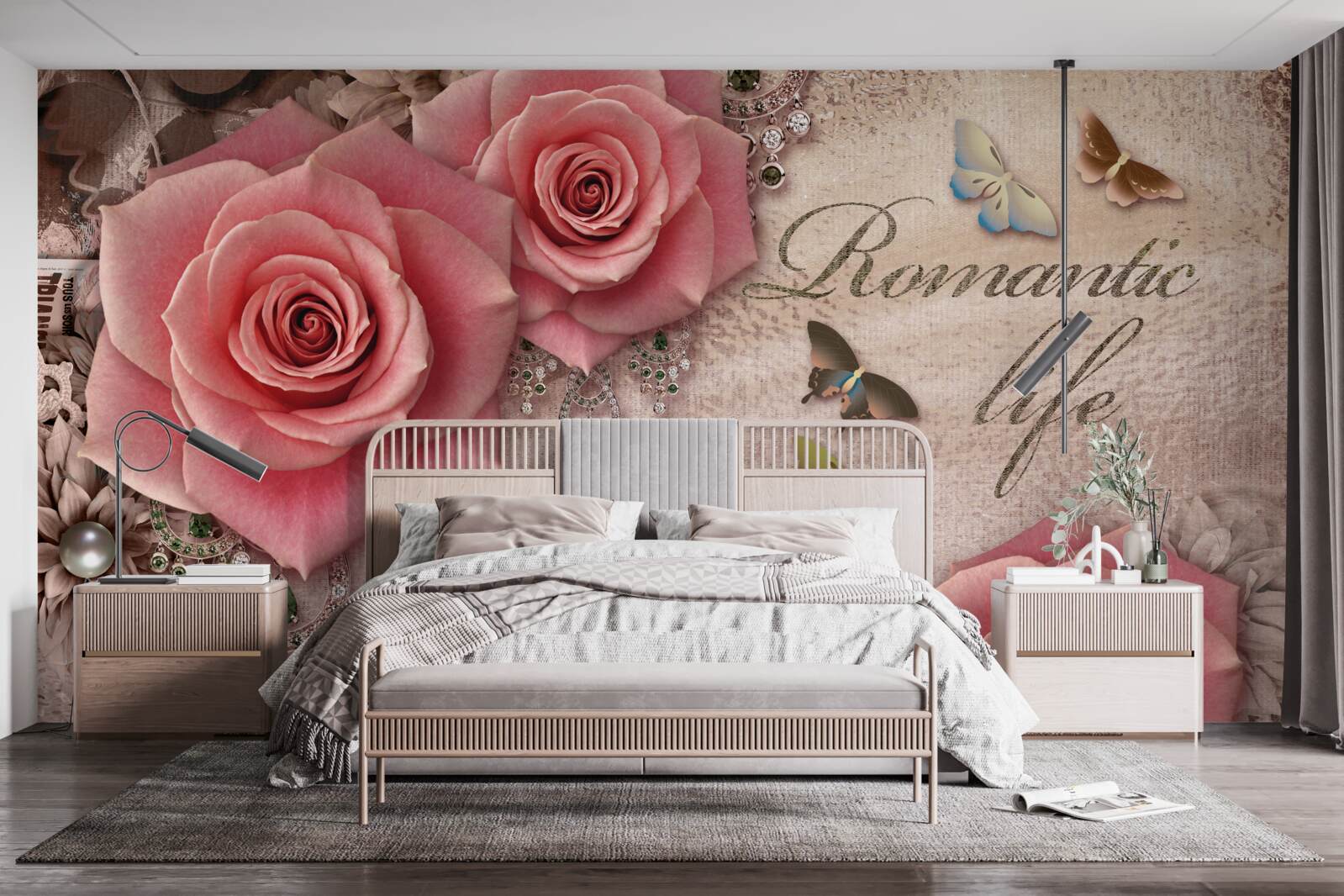 Papier peint insectes volants miniatures et grandes fleurs rose vif