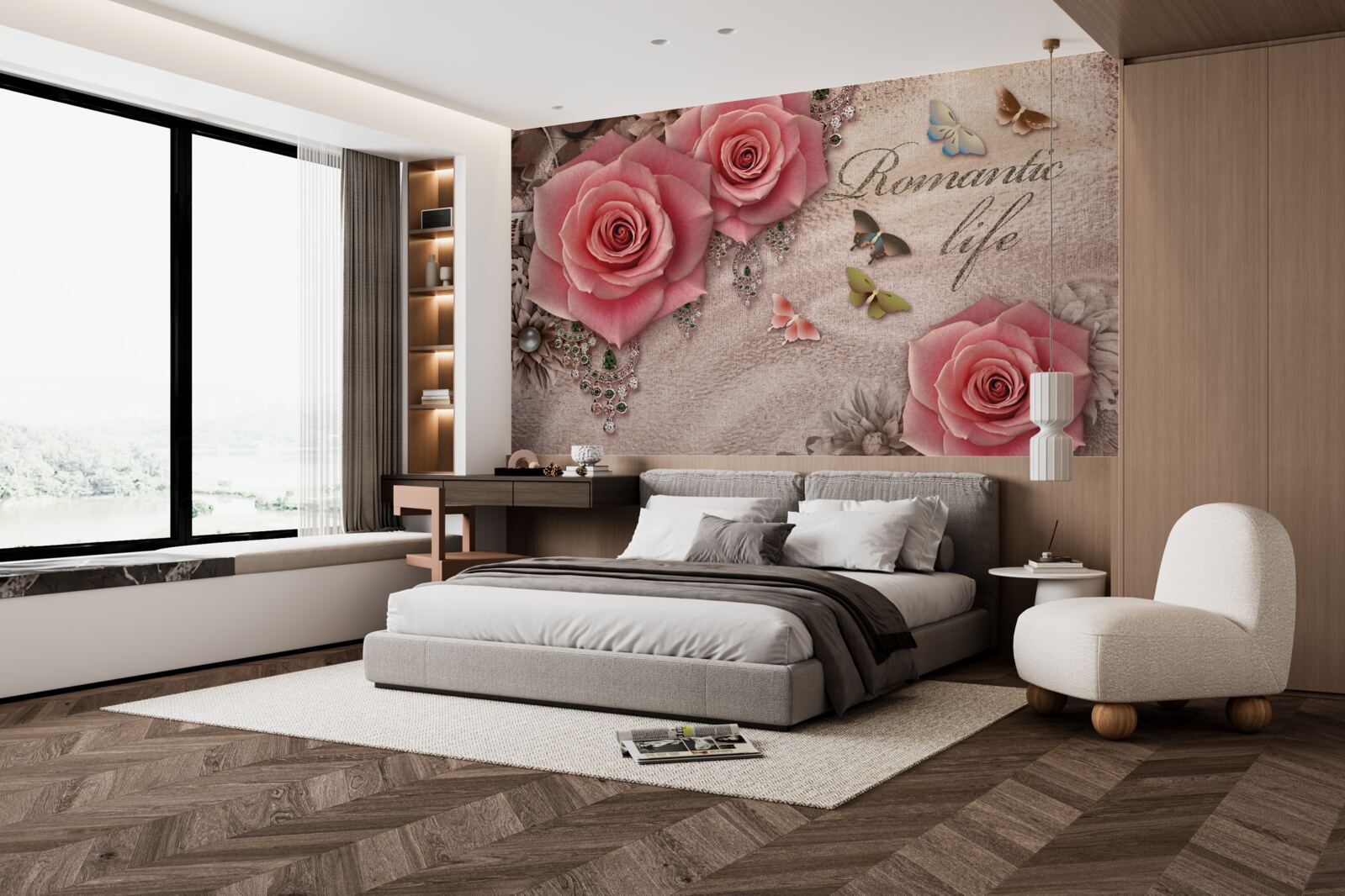 Papier peint insectes volants miniatures et grandes fleurs rose vif