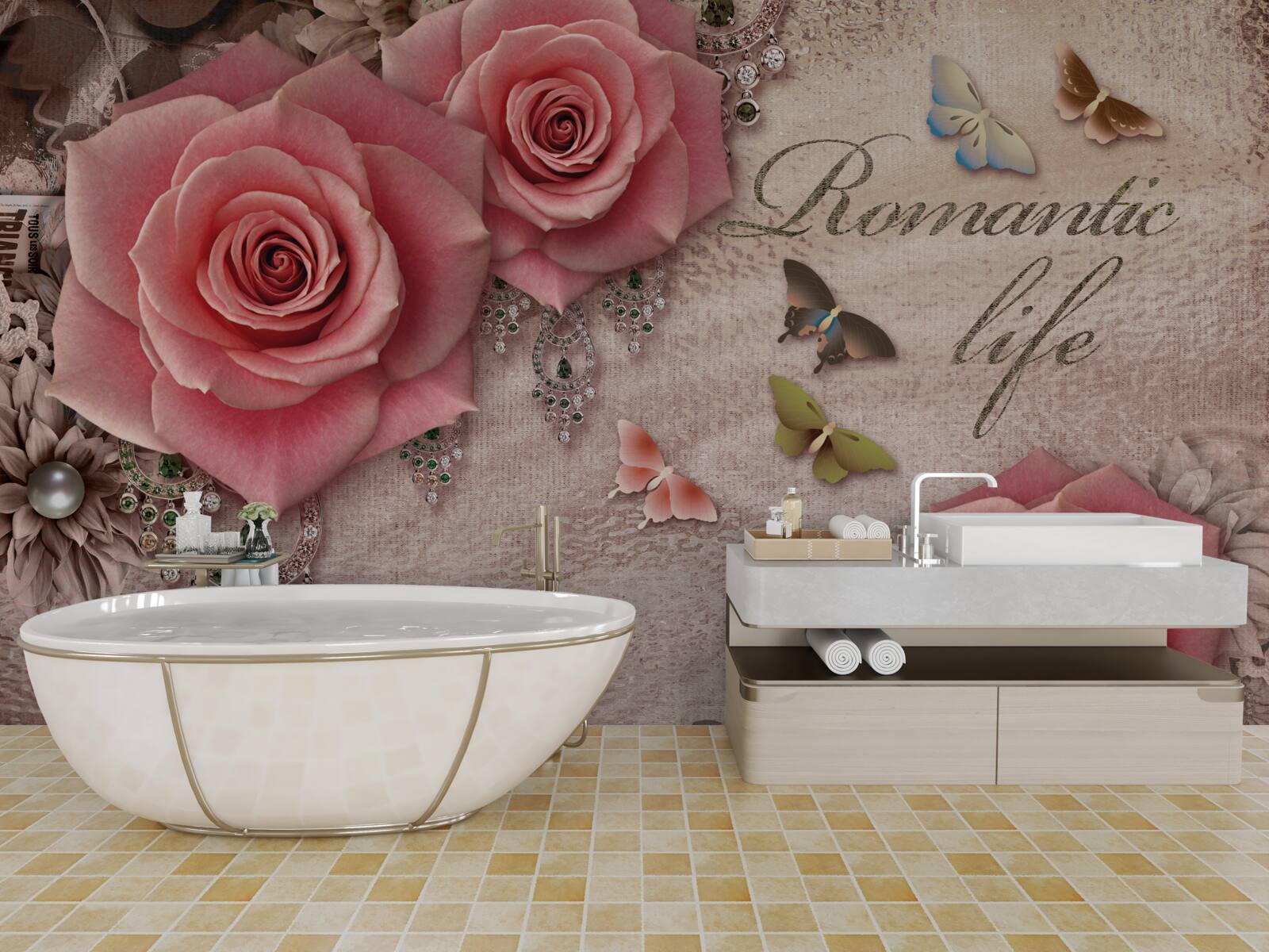 Papier peint insectes volants miniatures et grandes fleurs rose vif