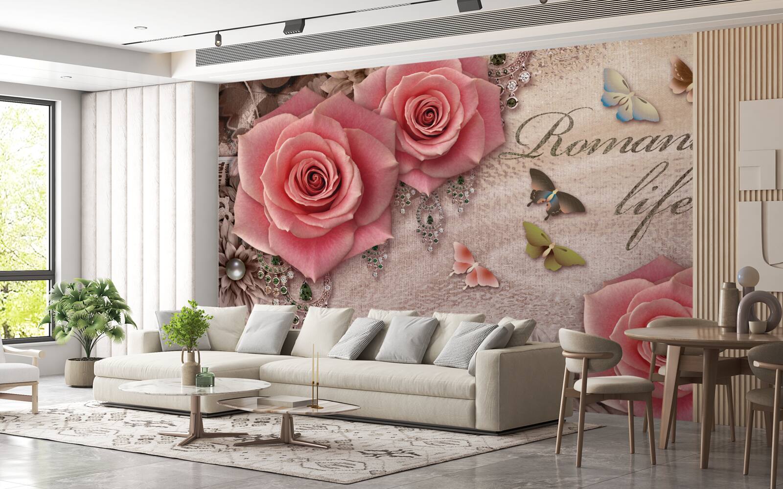 Papier peint insectes volants miniatures et grandes fleurs rose vif