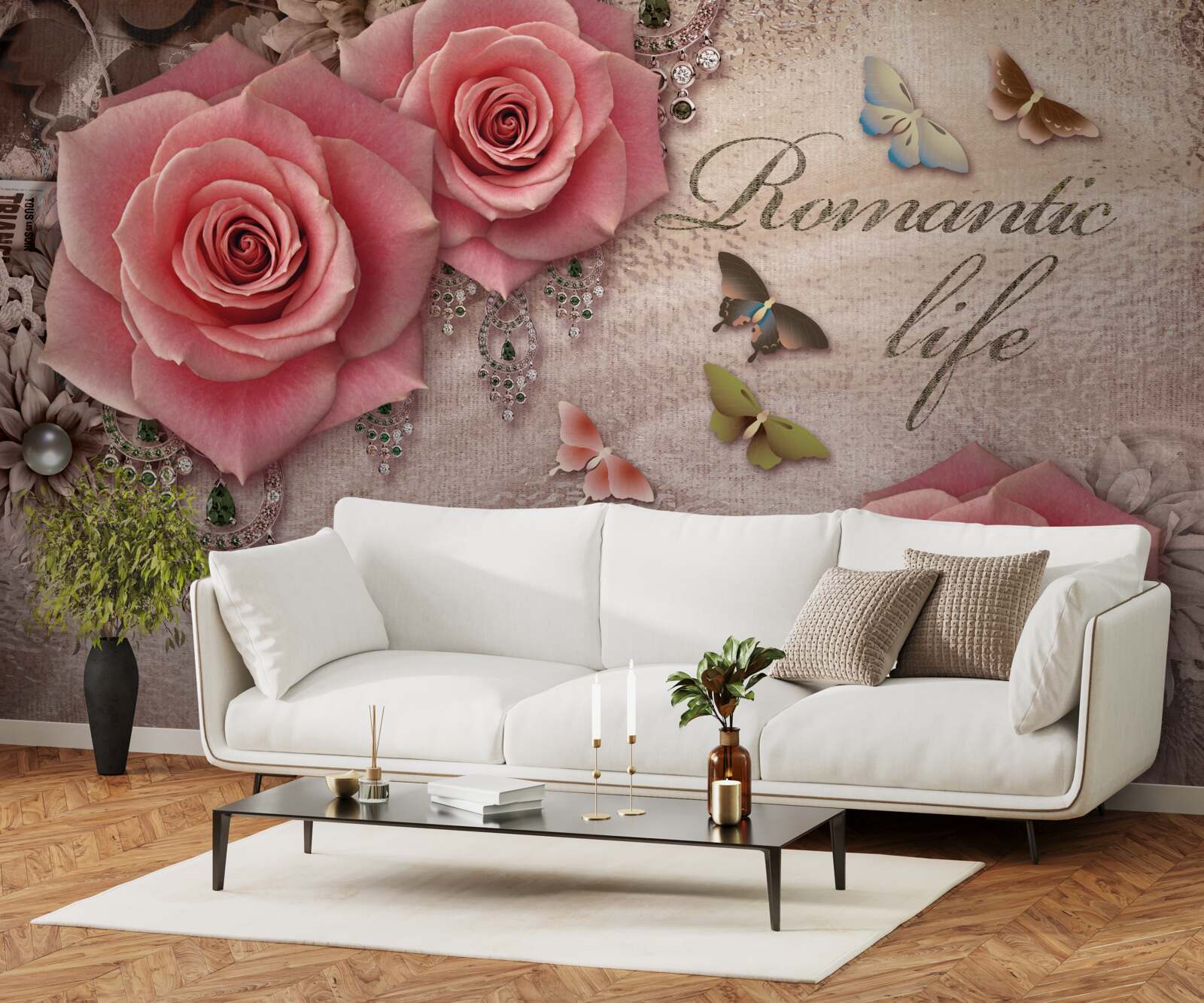 Papier peint insectes volants miniatures et grandes fleurs rose vif