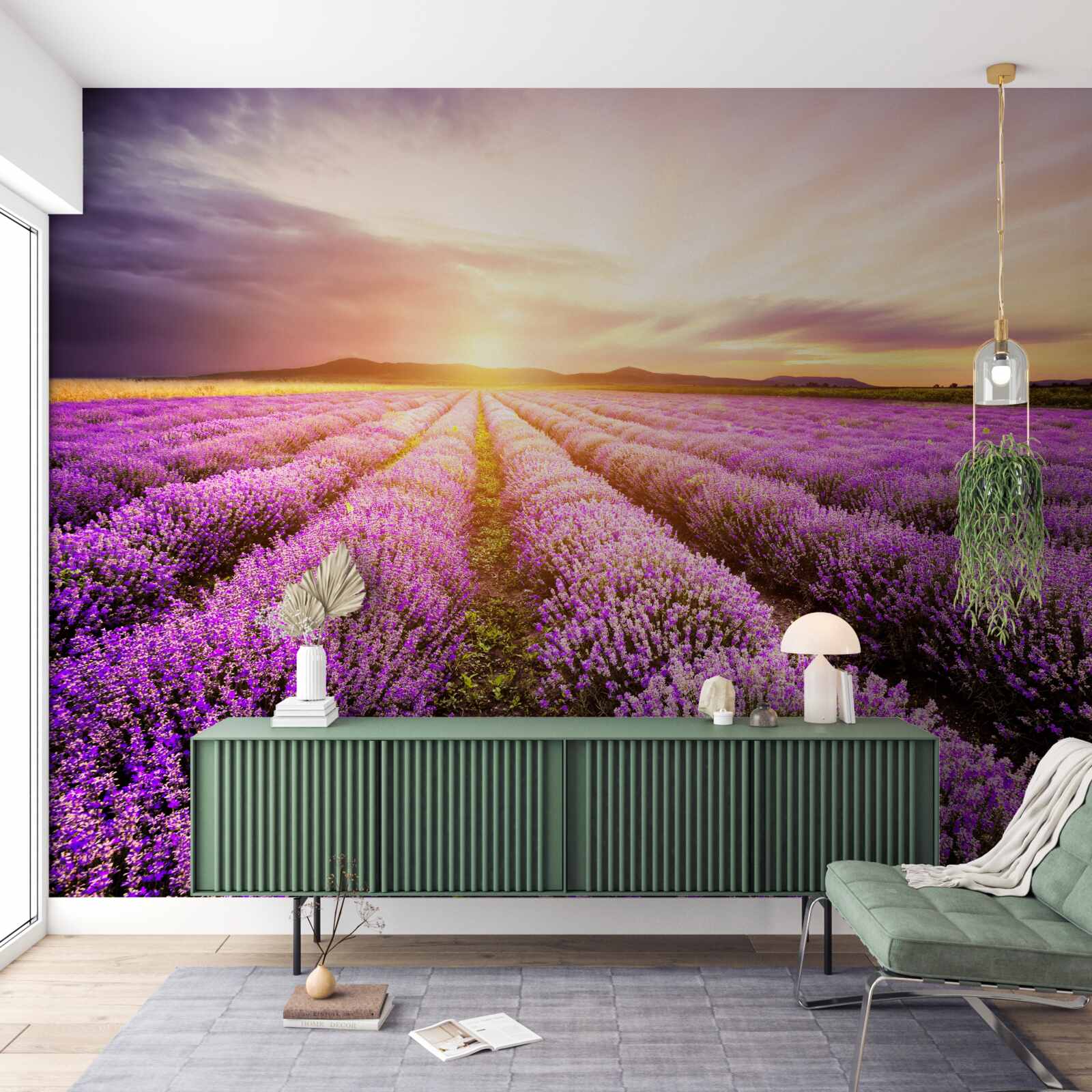 Papier peint coucher de soleil sur un champ de lavande
