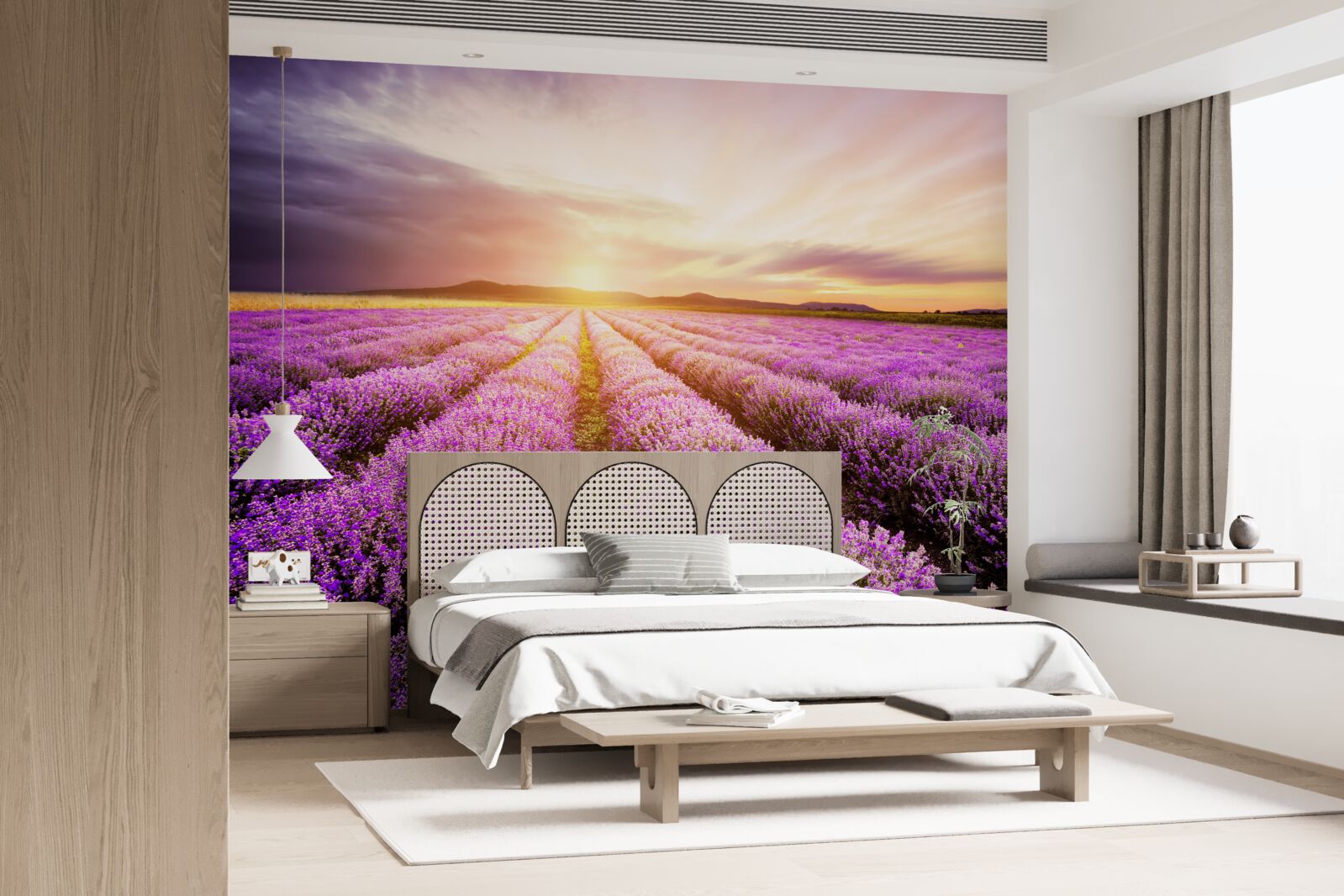Papier peint coucher de soleil sur un champ de lavande