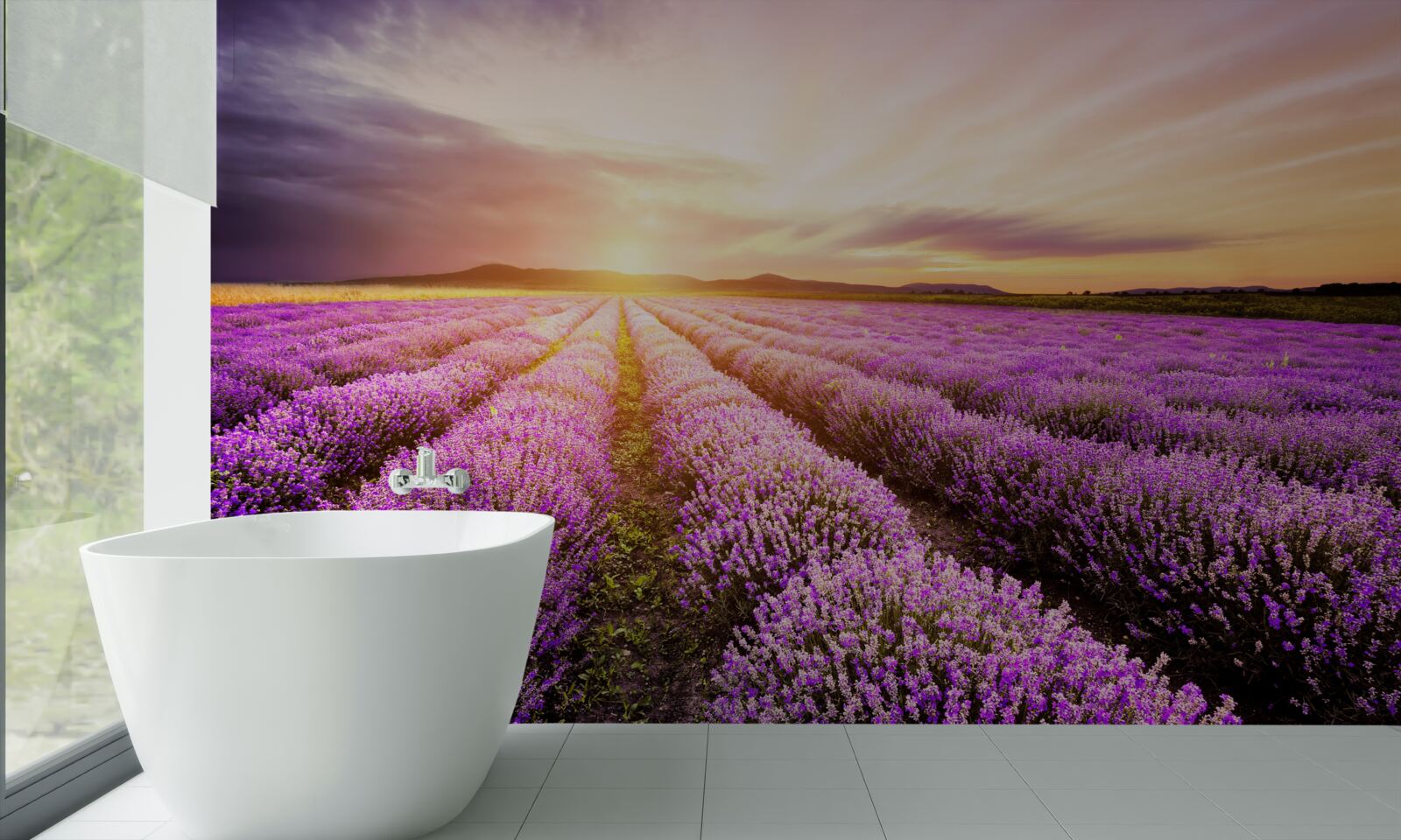 Papier peint coucher de soleil sur un champ de lavande