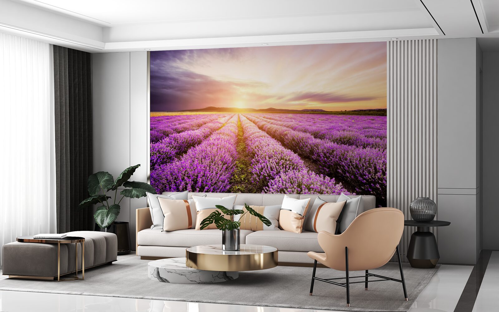 Papier peint coucher de soleil sur un champ de lavande