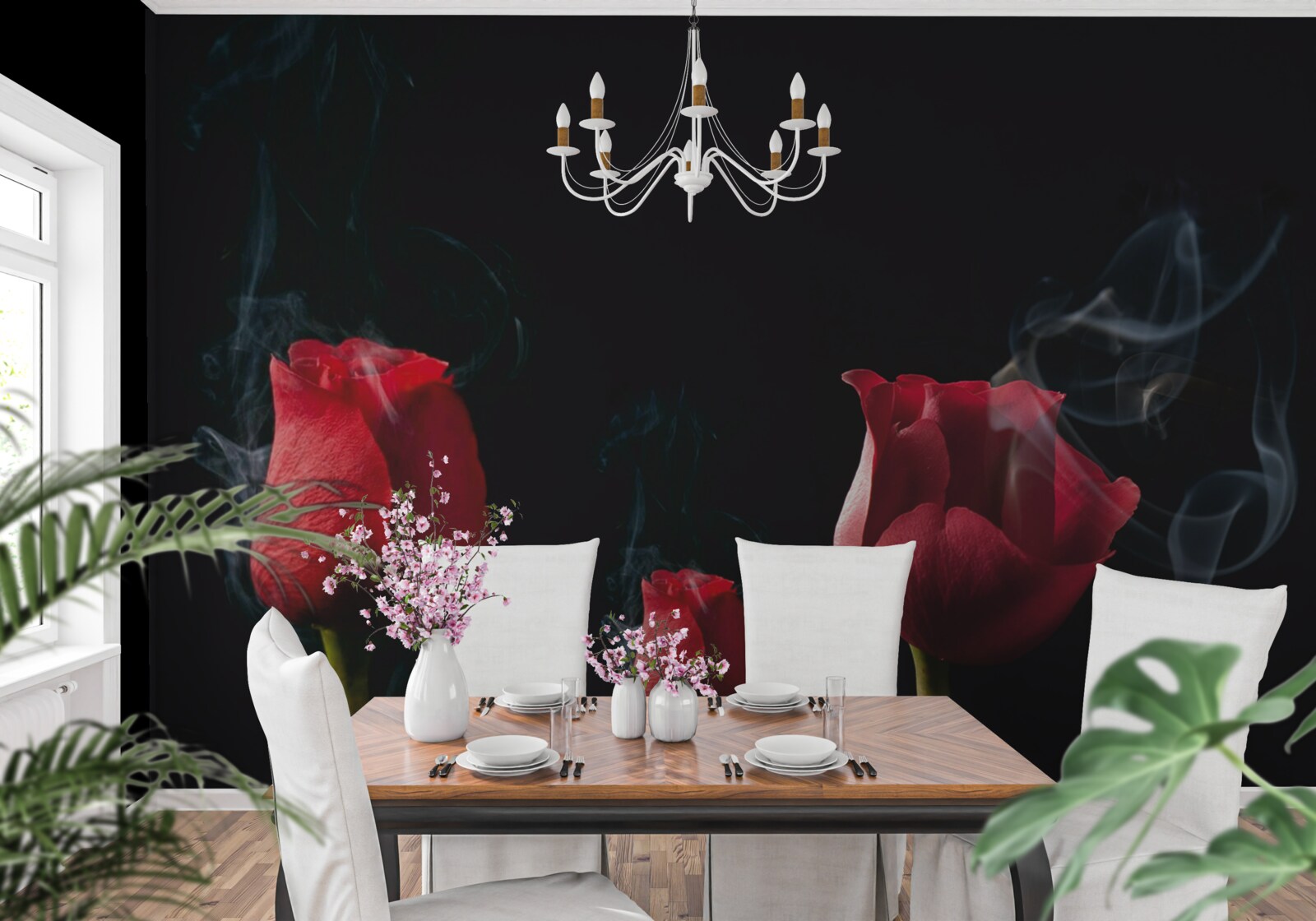 Papier peint une rose rouge fleurit dans la fumée