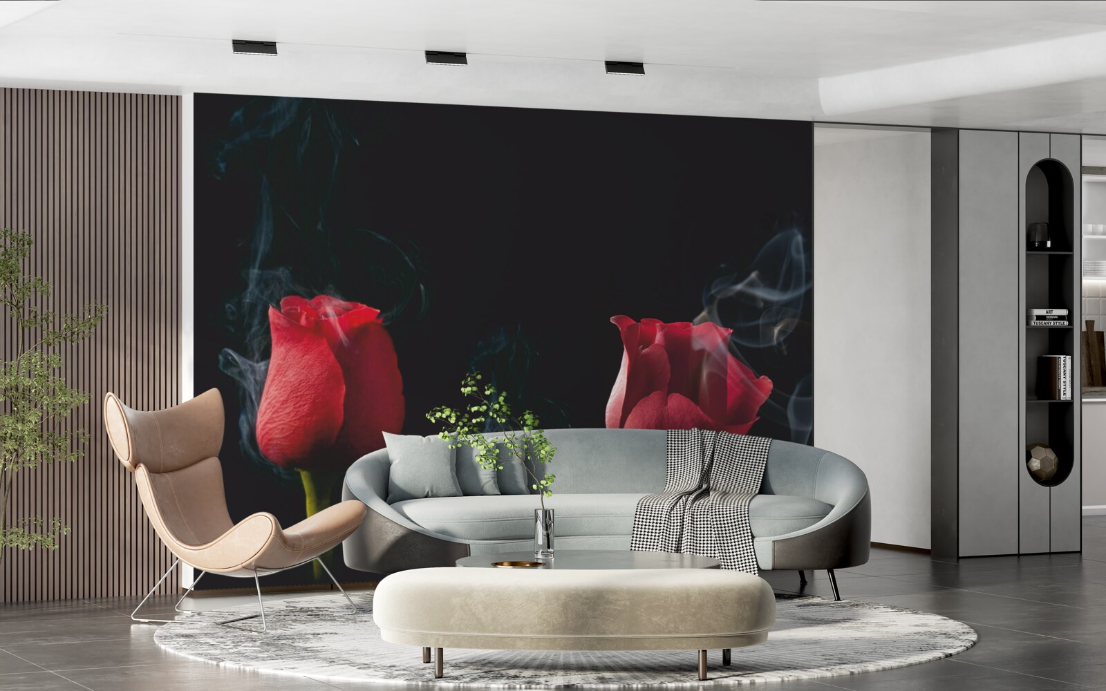 Papier peint une rose rouge fleurit dans la fumée