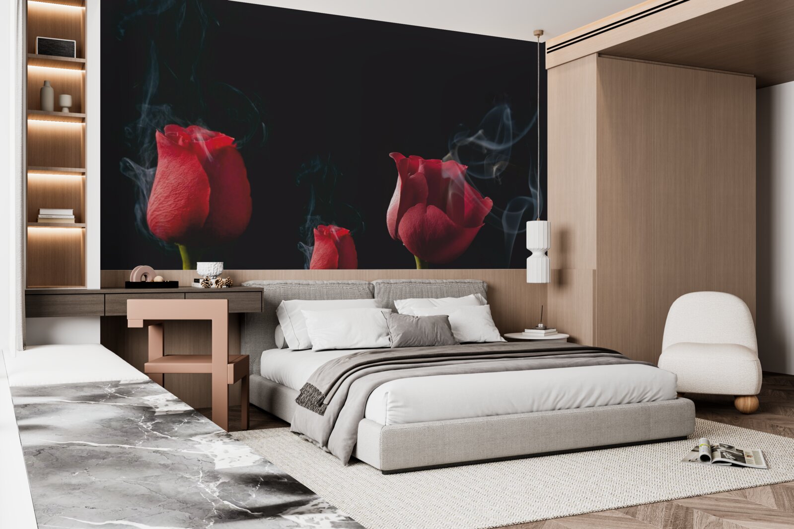 Papier peint une rose rouge fleurit dans la fumée