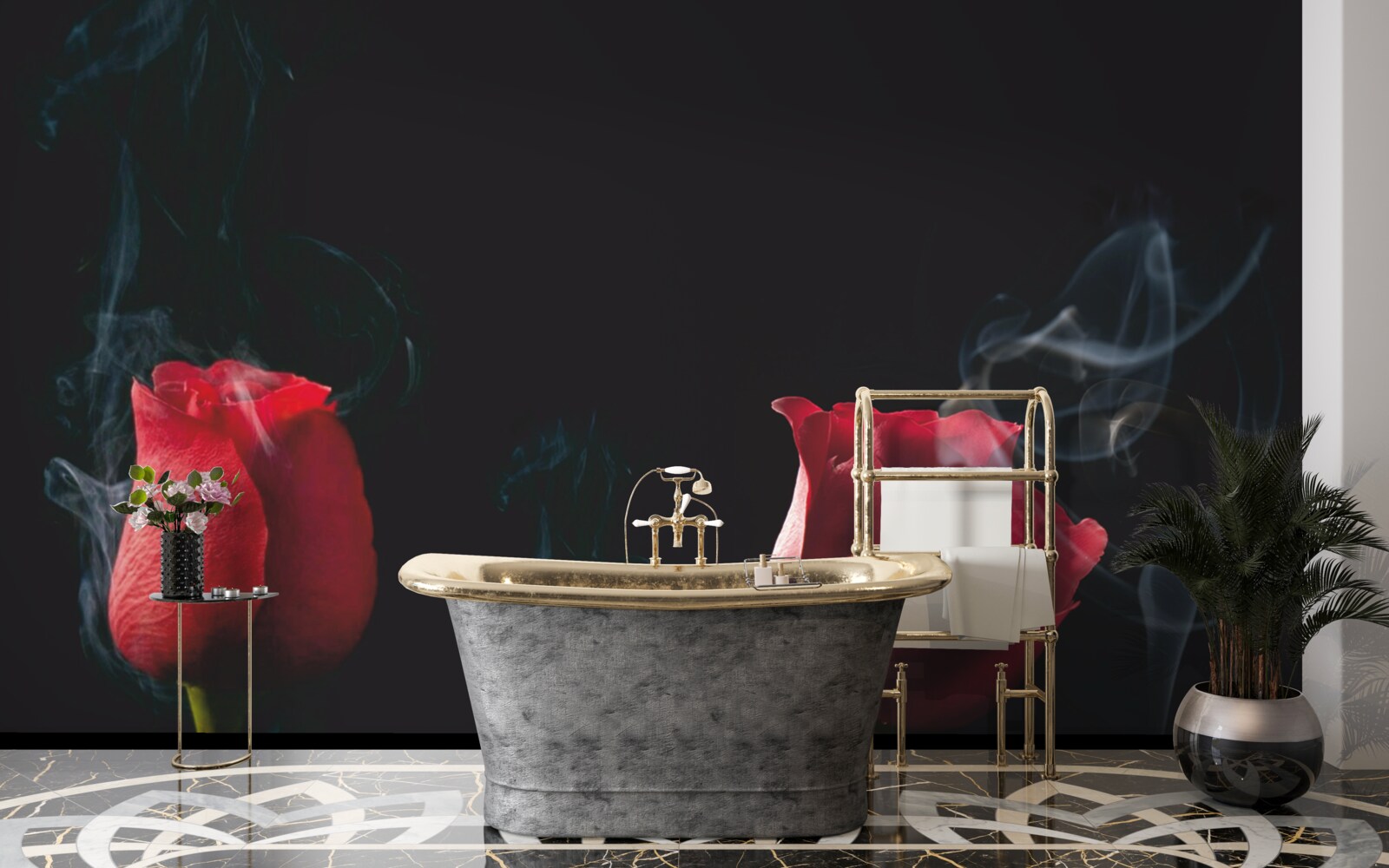 Papier peint une rose rouge fleurit dans la fumée