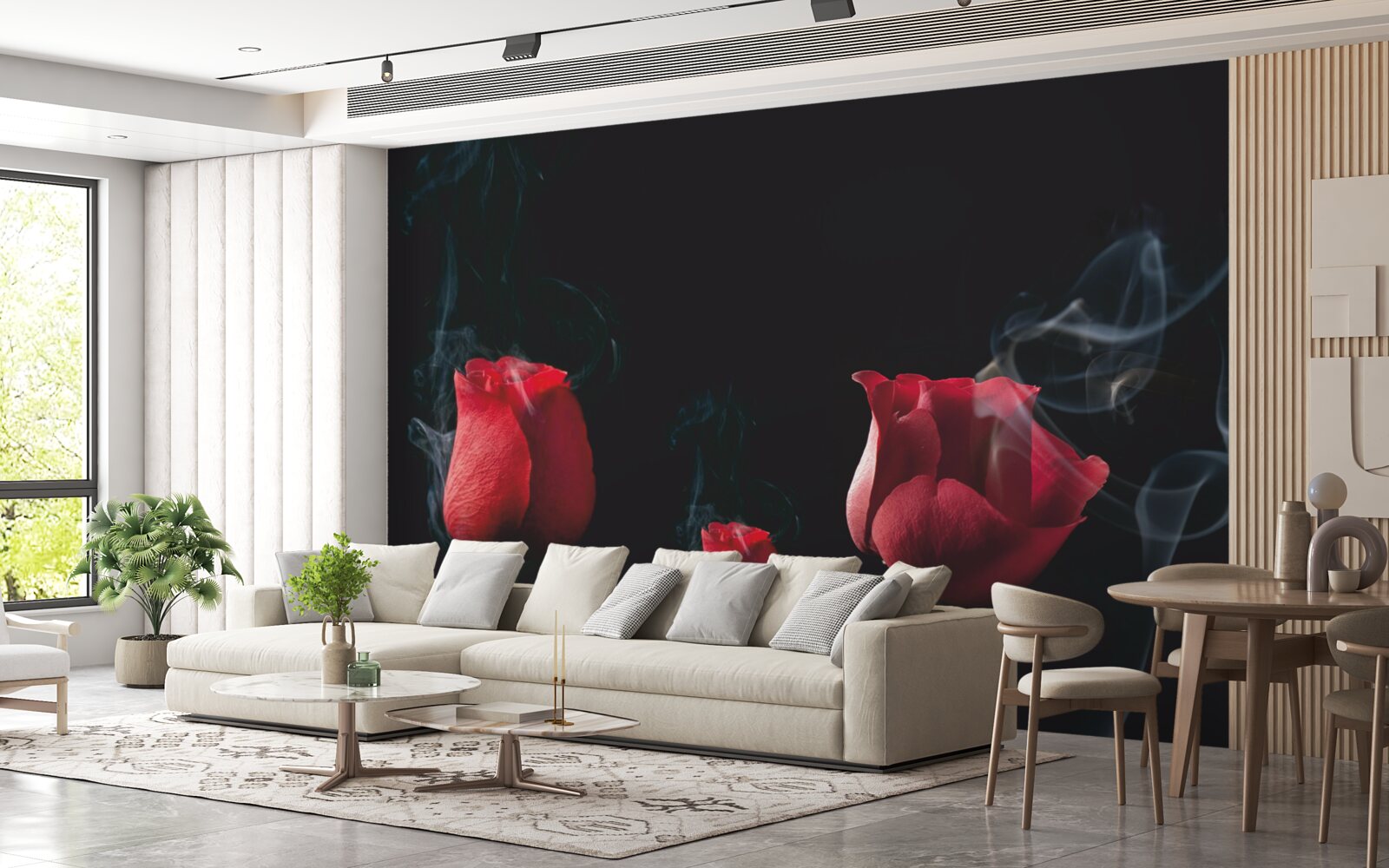 Papier peint une rose rouge fleurit dans la fumée