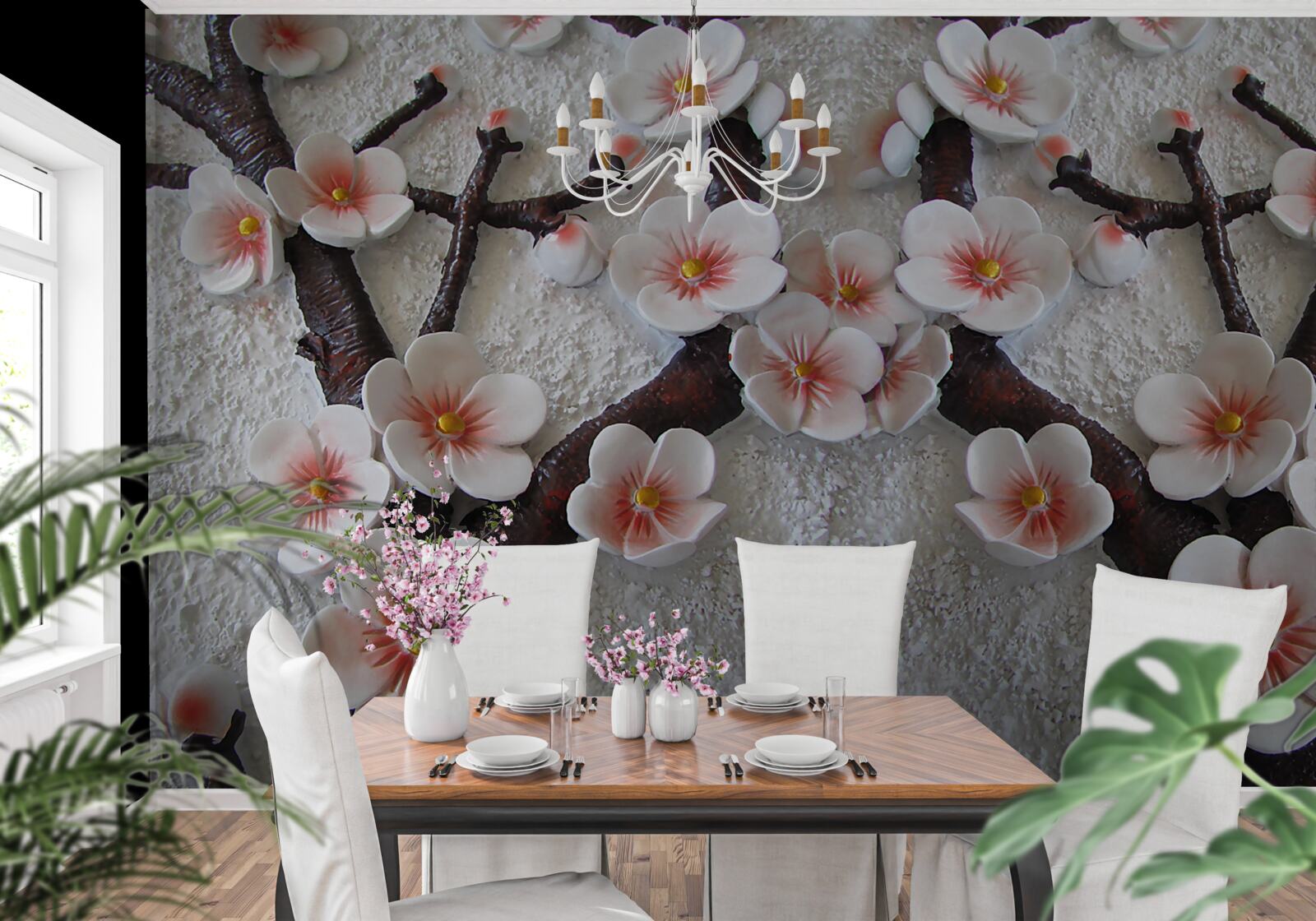 Papier peint sakura mouillé par une branche fleurie