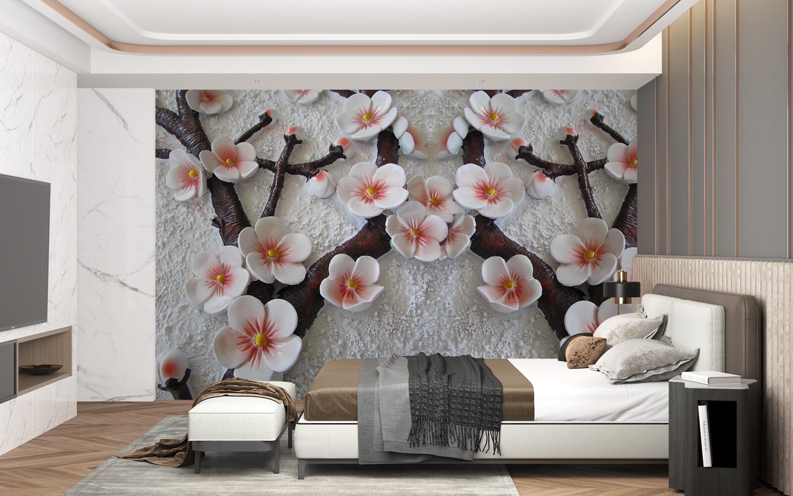 Papier peint sakura mouillé par une branche fleurie