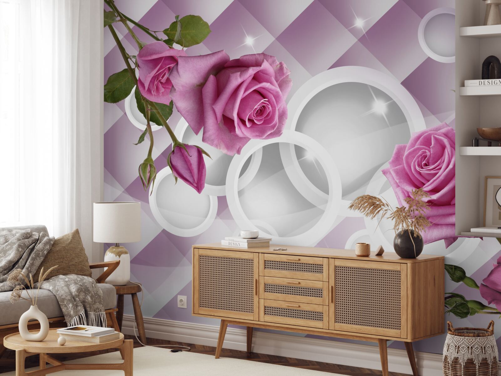 Papier peint roses lilas sur un fond ambigu