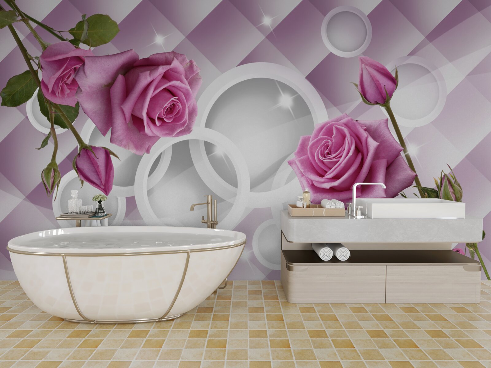 Papier peint roses lilas sur un fond ambigu