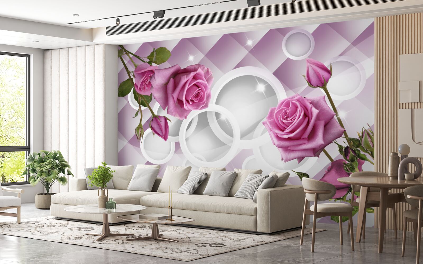 Papier peint roses lilas sur un fond ambigu