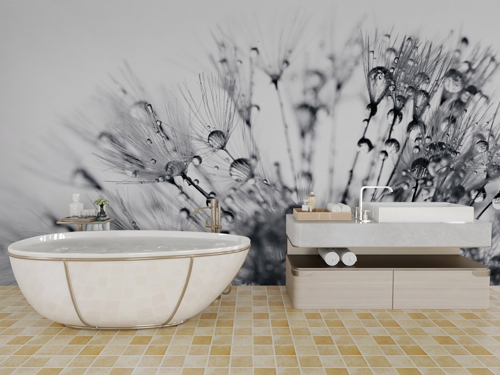 Papier peint gouttes de rosée sur les pissenlits