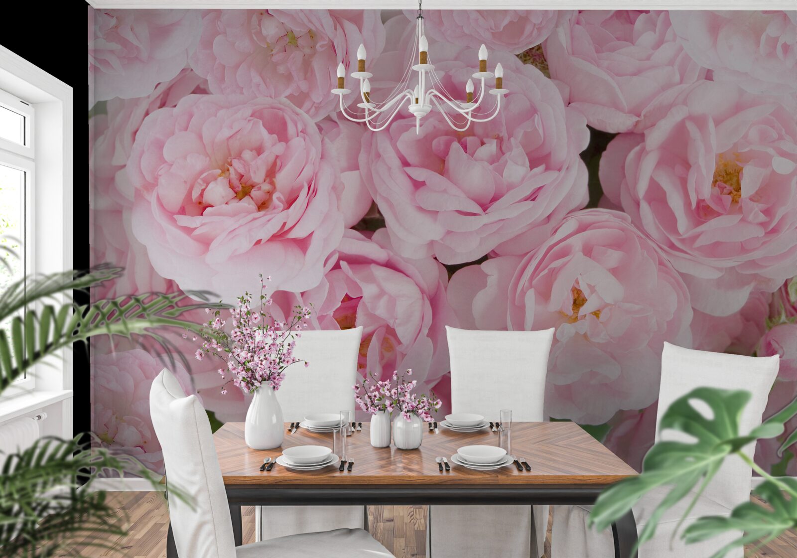 Papier peint roses roses réunies en un bouquet de bougies