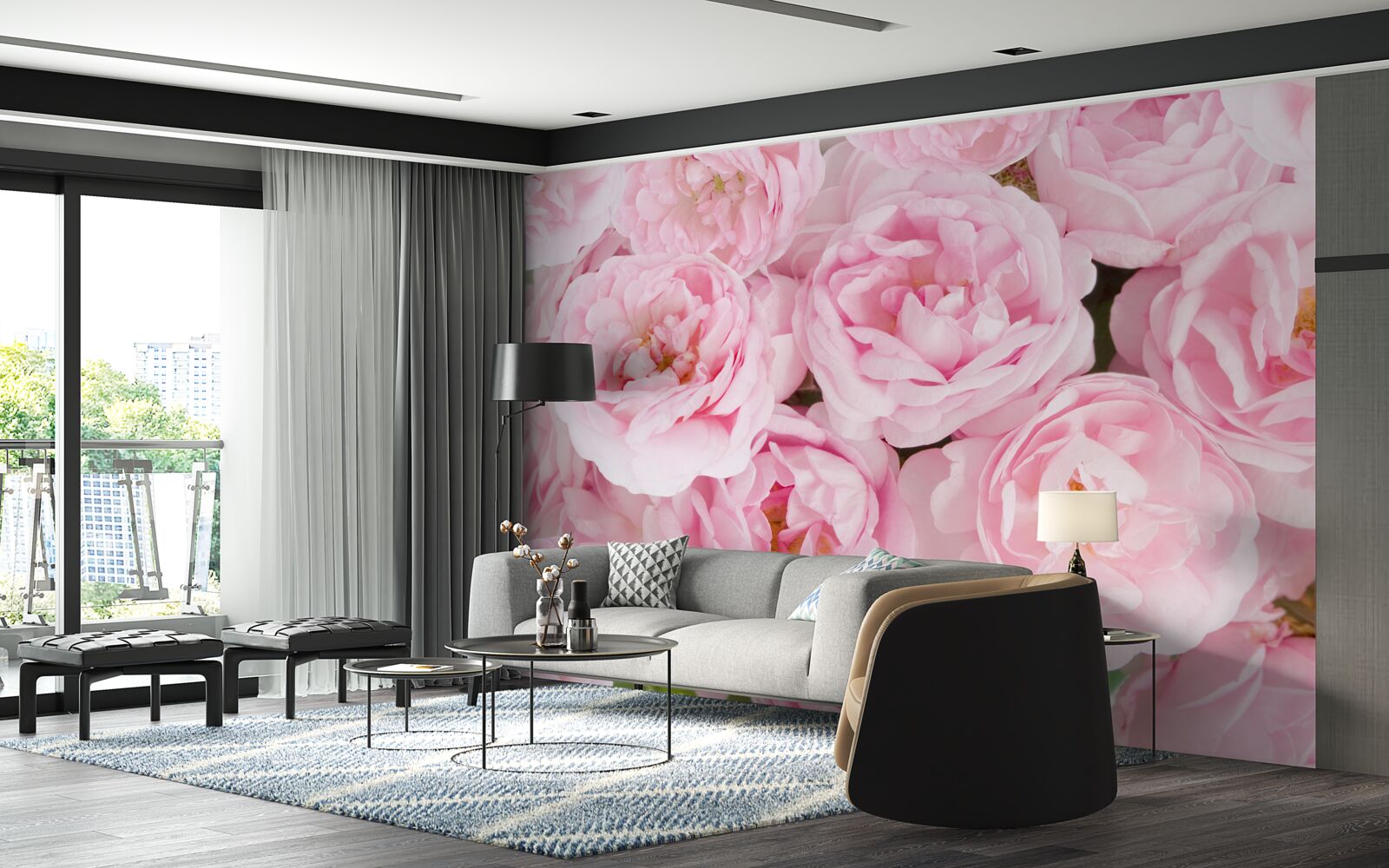 Papier peint roses roses réunies en un bouquet de bougies