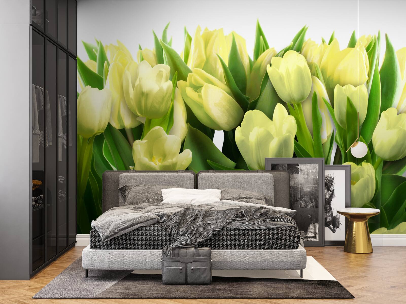 Papier peint Tulipes jaunes avec feuilles vertes