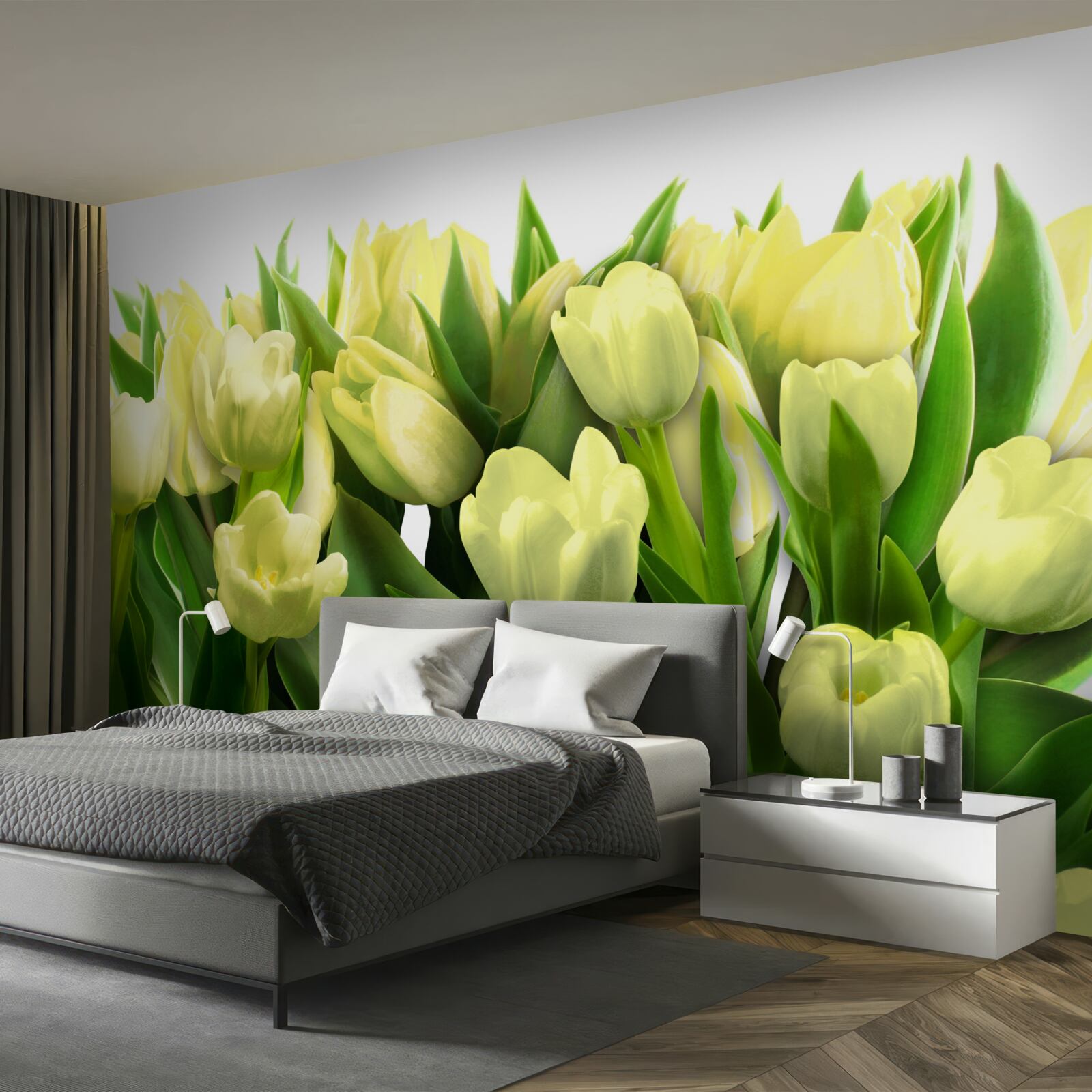 Papier peint Tulipes jaunes avec feuilles vertes