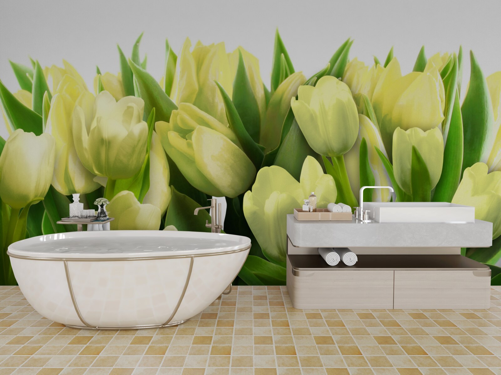 Papier peint Tulipes jaunes avec feuilles vertes