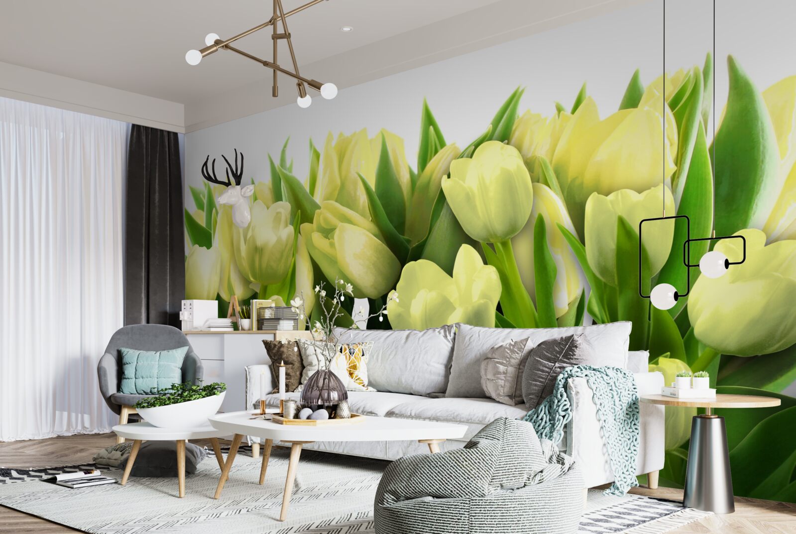 Papier peint Tulipes jaunes avec feuilles vertes