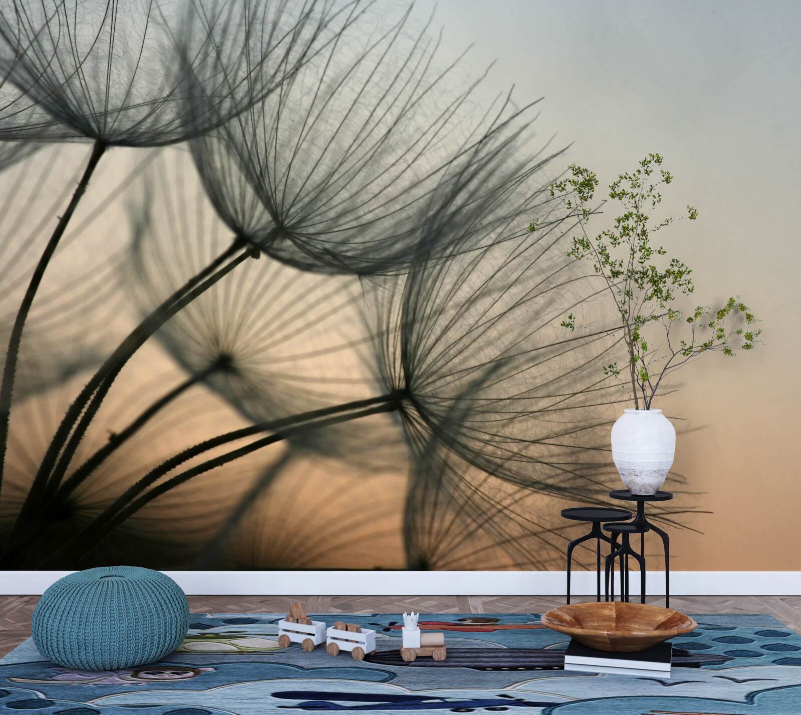 Papier peint coucher de soleil sur les pissenlits