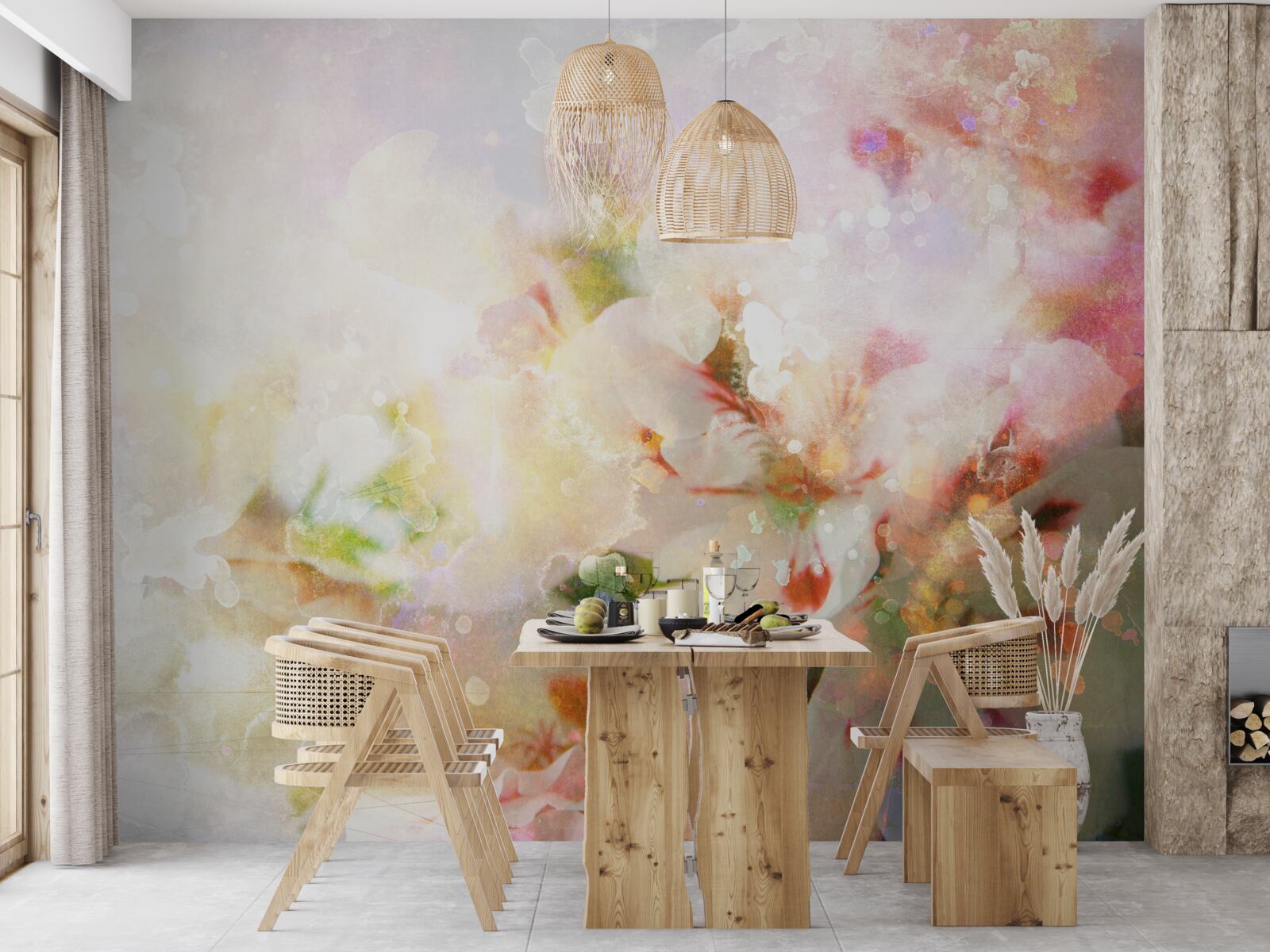 Papier peint fleurs à l'aquarelle dans une palette claire